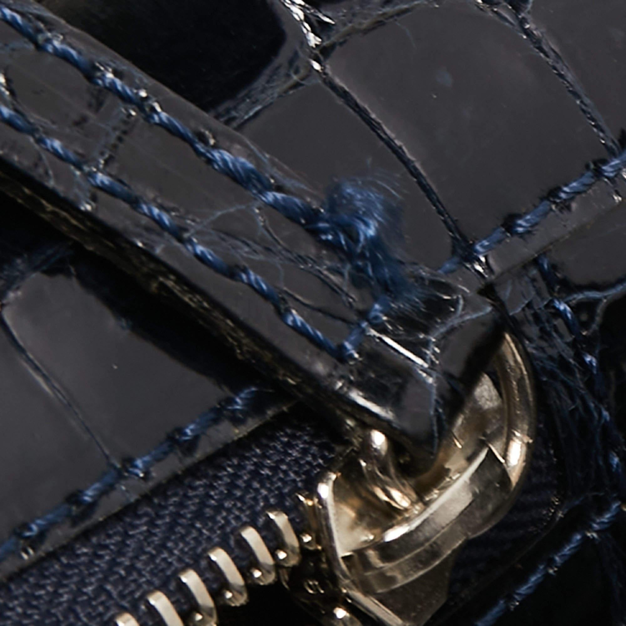 Gianfranco Ferre Burgundy/Navy Blue Alligator and Canvas Metal Frame Satchel For Sale 6