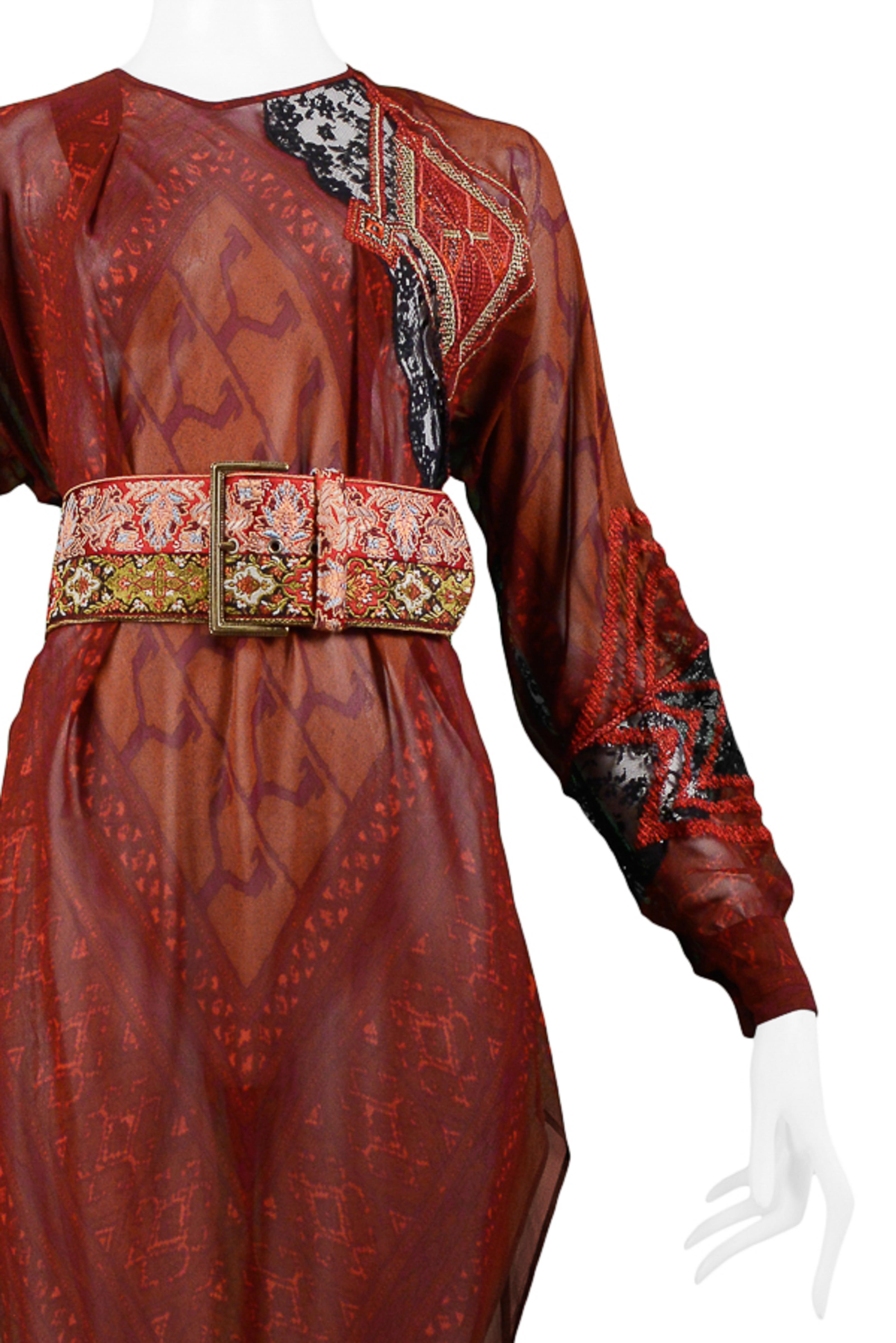 Brown Gianfranco Ferre Burgundy Printed Tunic & Embroidered Belt For Sale