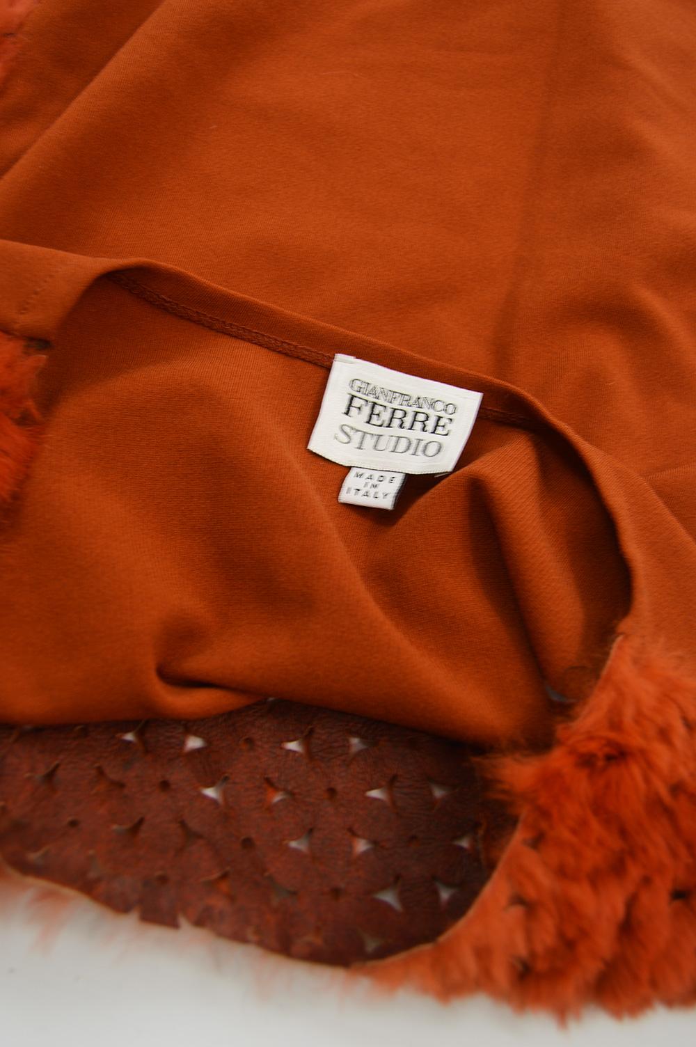 Women's Gianfranco Ferre Burnt Orange Laser Cut Coney Rabbit Fur & Jersey Tank Top