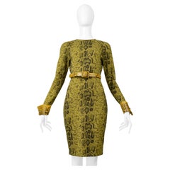 Gianfranco Ferre Vestito con stampa serpente color chartreuse con polsini, cintura e finiture in serpente