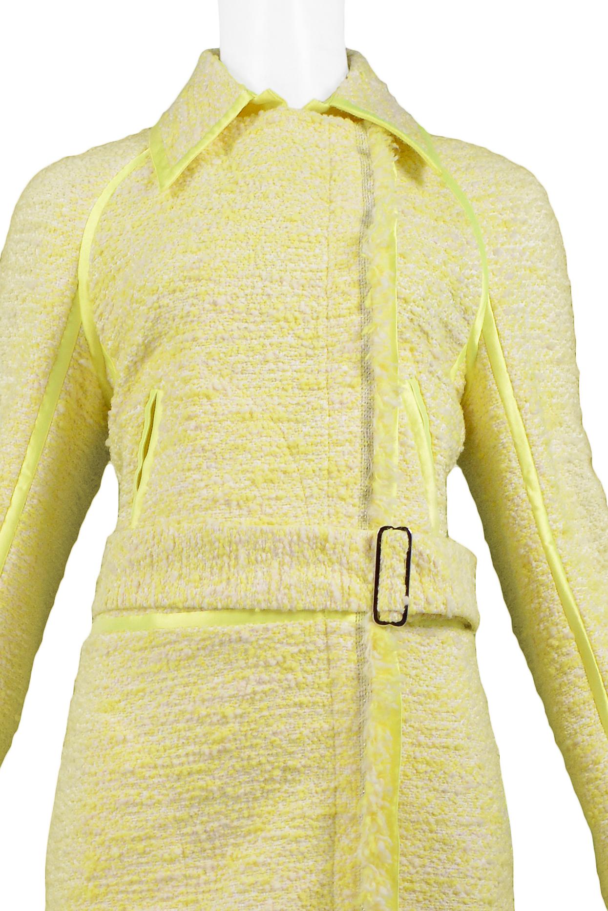 Beige Gianfranco Ferre Citron Yellow Boucle Belted Coat 2004 For Sale