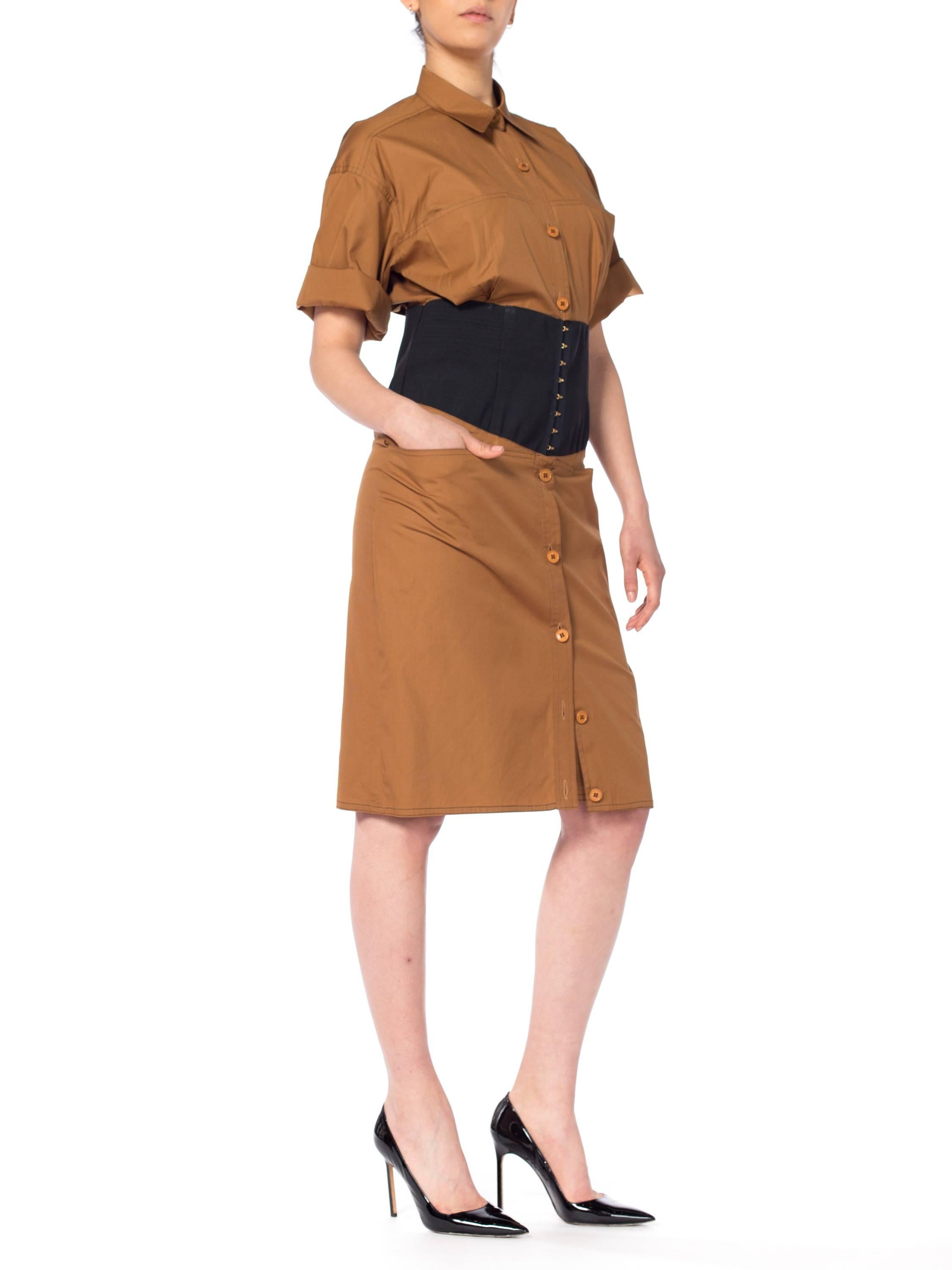 1980S GIANFRANCO FERRE Cinnamon Brown Cotton Poplin Safari Style Shirt Dress With Pockets