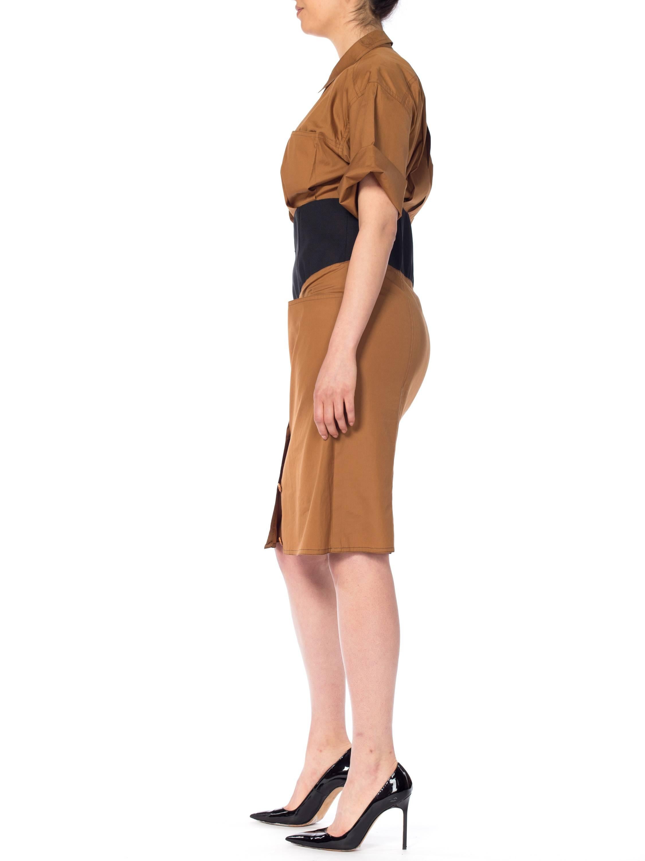 Women's 1980S GIANFRANCO FERRE Cinnamon Brown Cotton Poplin Safari Style Shirt Dress Wi