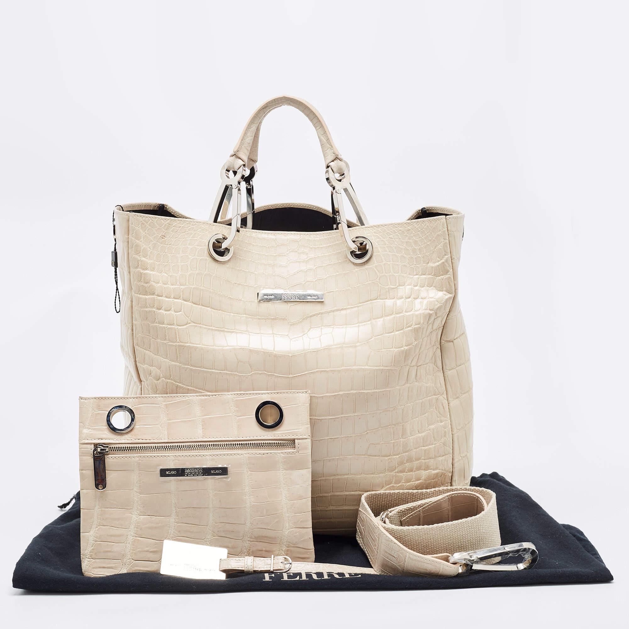 Gianfranco Ferre Cream Alligator Grommete Tote For Sale 10