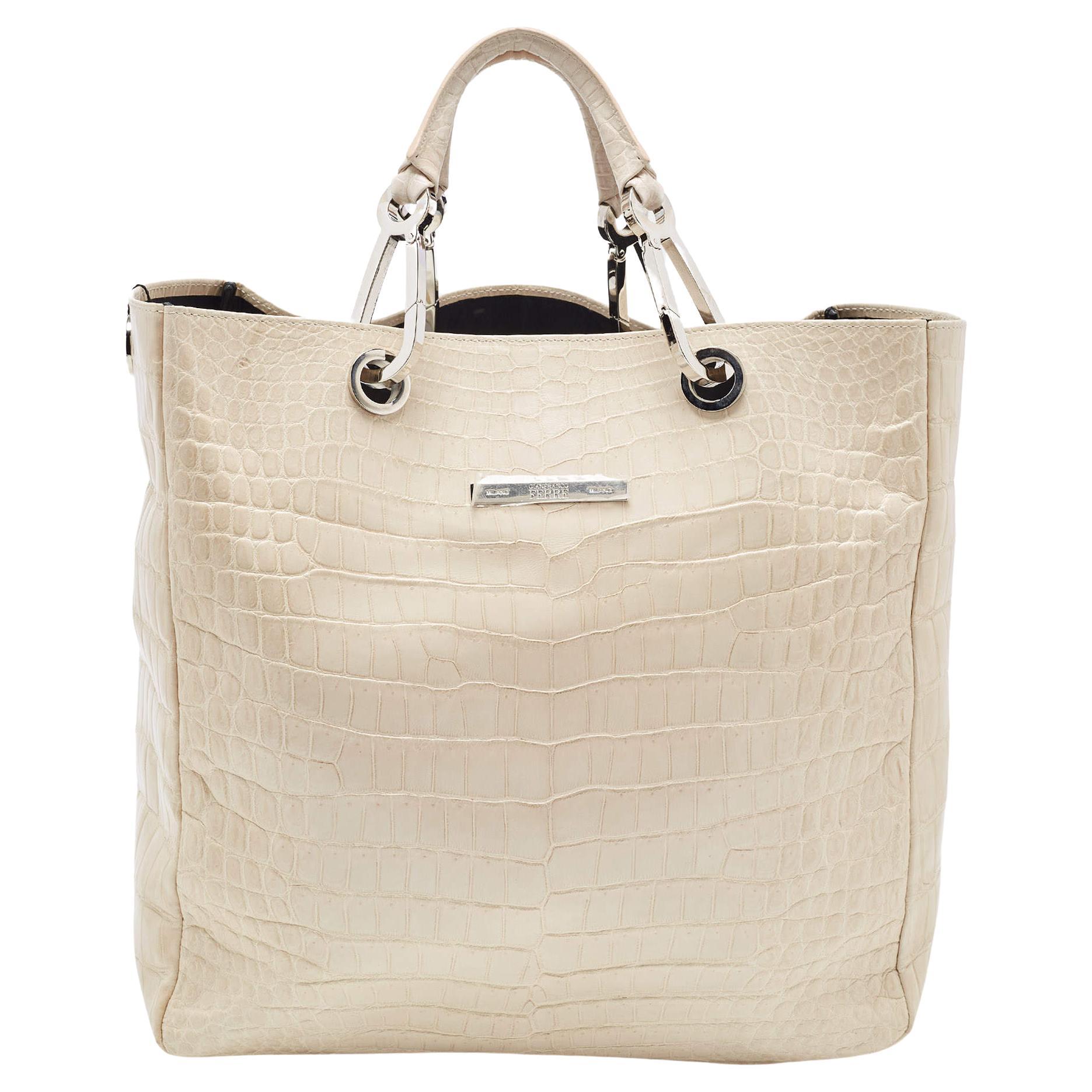 Gianfranco Ferre Cream Alligator Grommete Tote For Sale