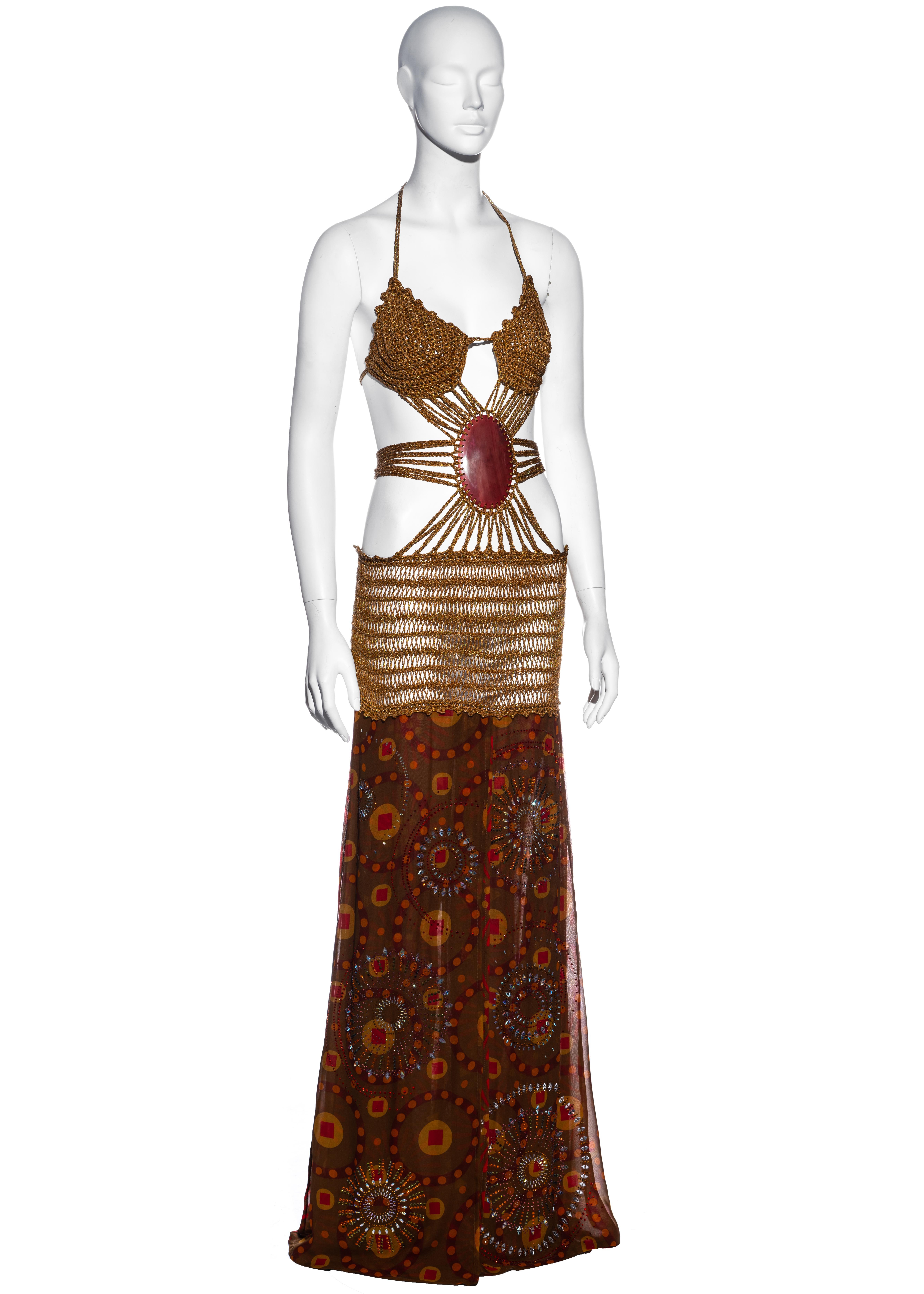 Women's Gianfranco Ferre crochet maxi dress with jewelled silk skirt, ss 2004