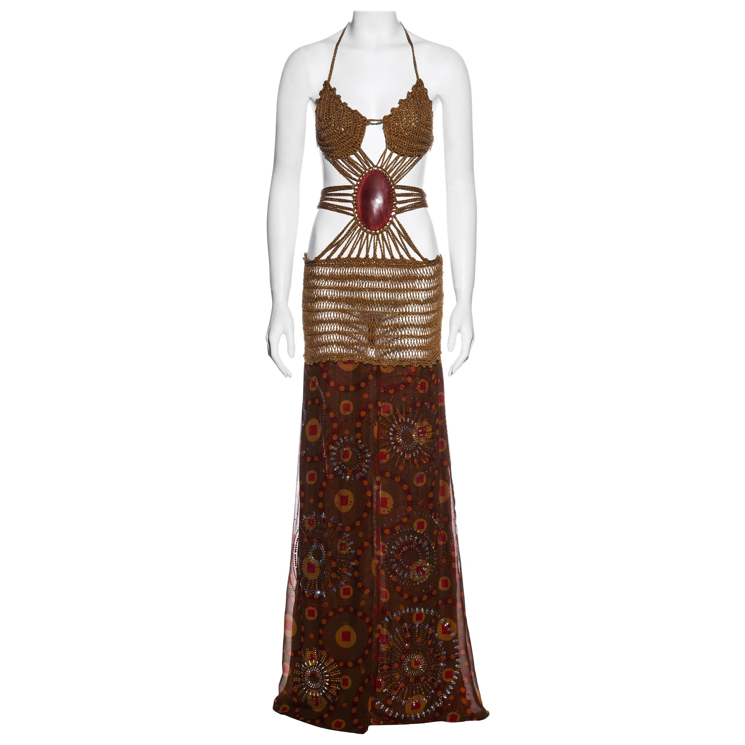 Gianfranco Ferre crochet maxi dress with jewelled silk skirt, ss 2004