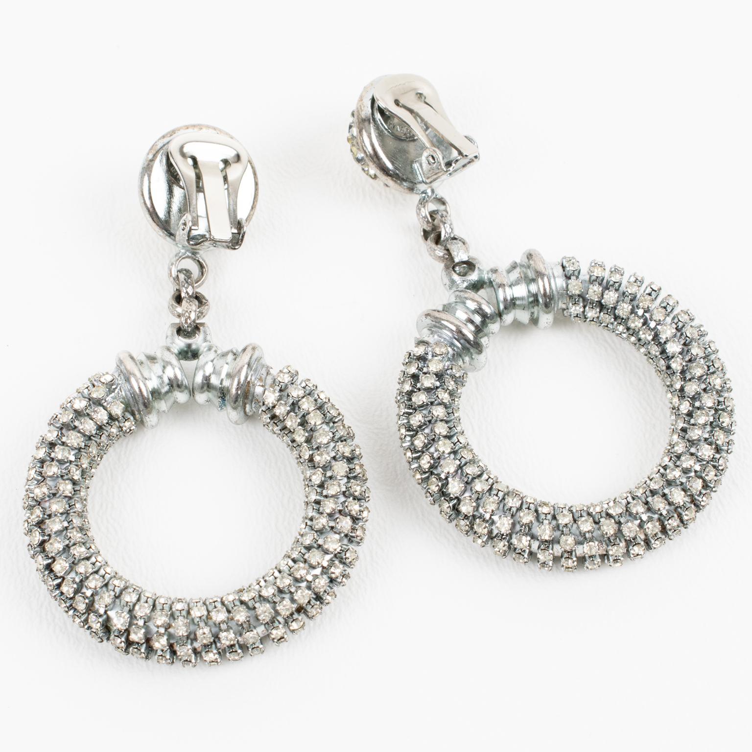 Gianfranco Ferre Crystal Jeweled Dangle Clip Earrings In Good Condition For Sale In Atlanta, GA