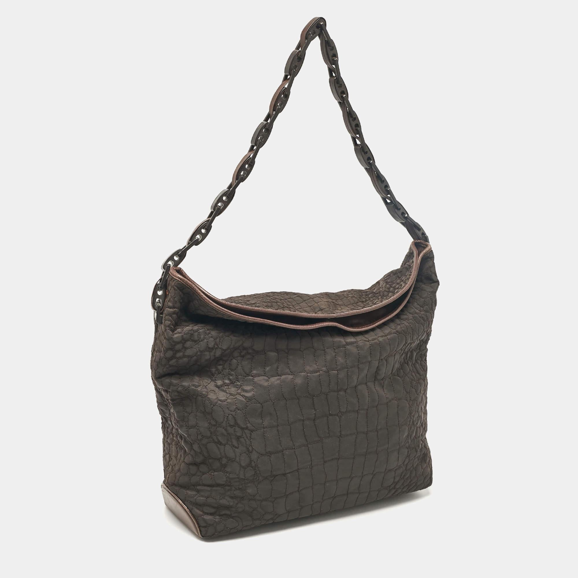 Black Gianfranco Ferre Dark Brown Fabric and Leather Chain Bucket Bag For Sale