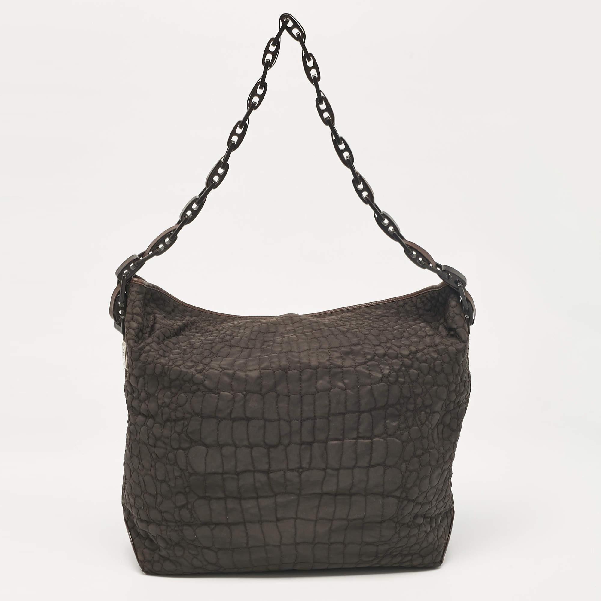 Gianfranco Ferre Dark Brown Fabric and Leather Chain Bucket Bag In Good Condition For Sale In Dubai, Al Qouz 2