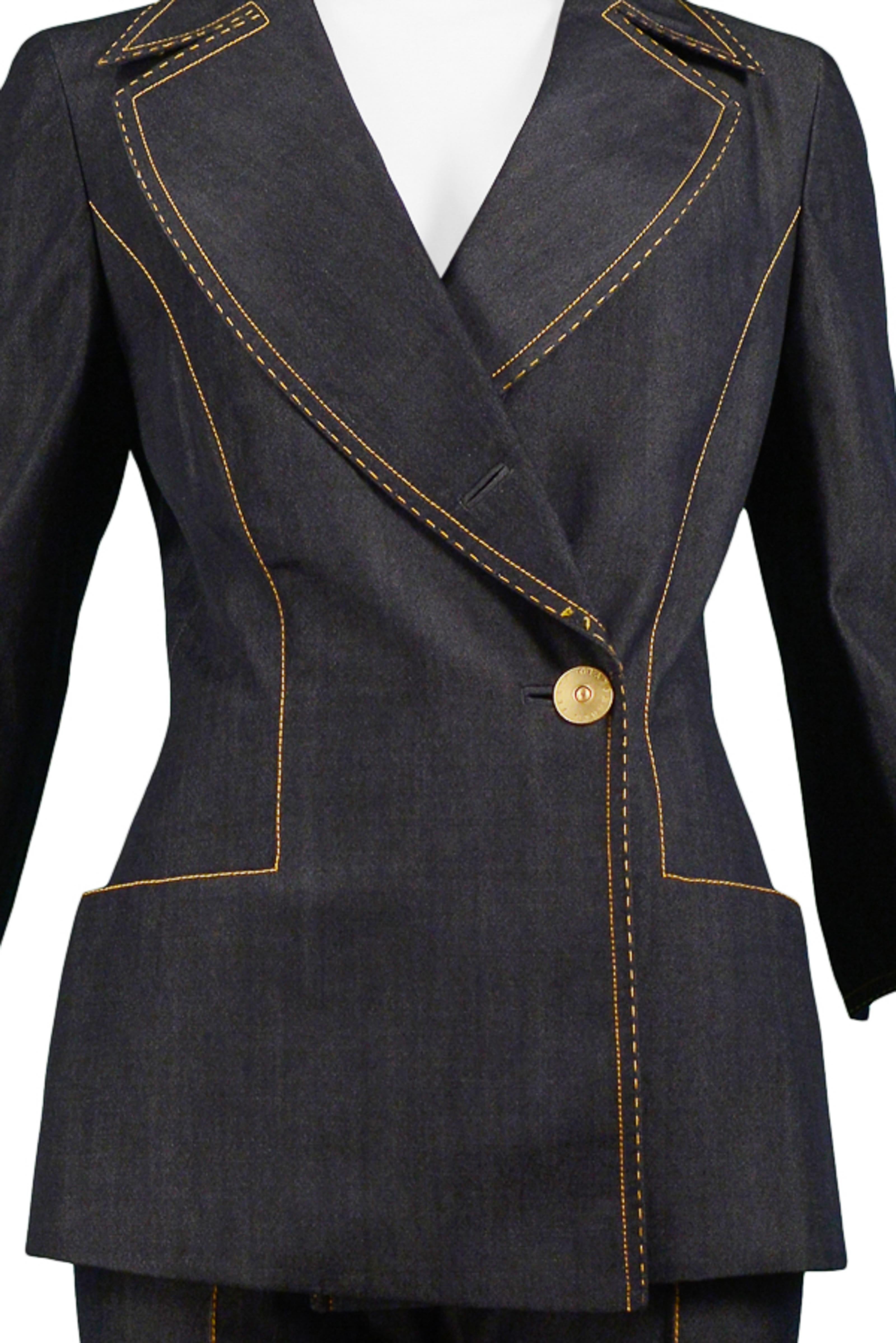 Women's Gianfranco Ferre Denim Inspired Wool Suit With Yellow Stitching 1999 For Sale