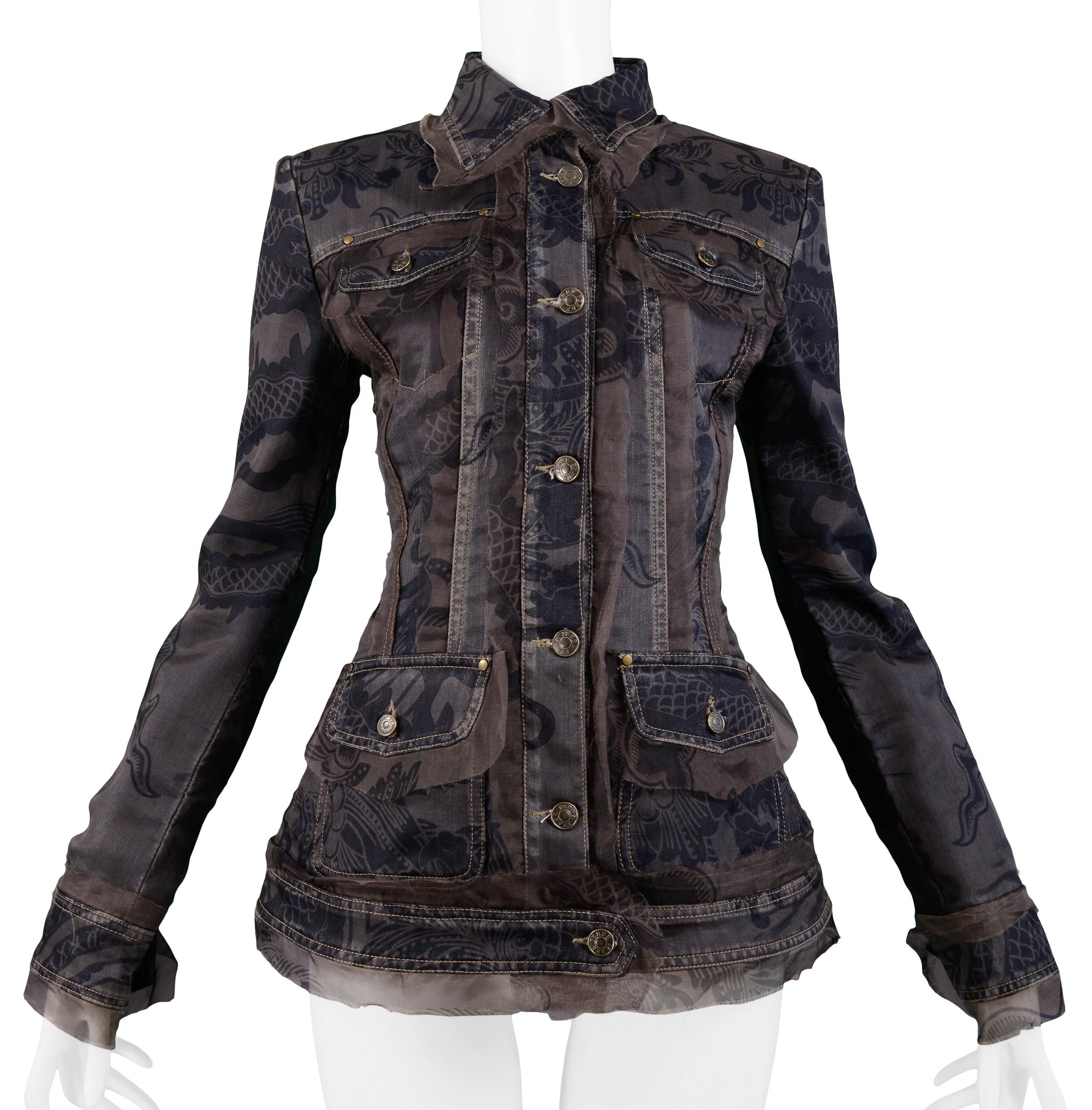 Black Gianfranco Ferre Denim Jacket With Floral Printed Organza Overlay