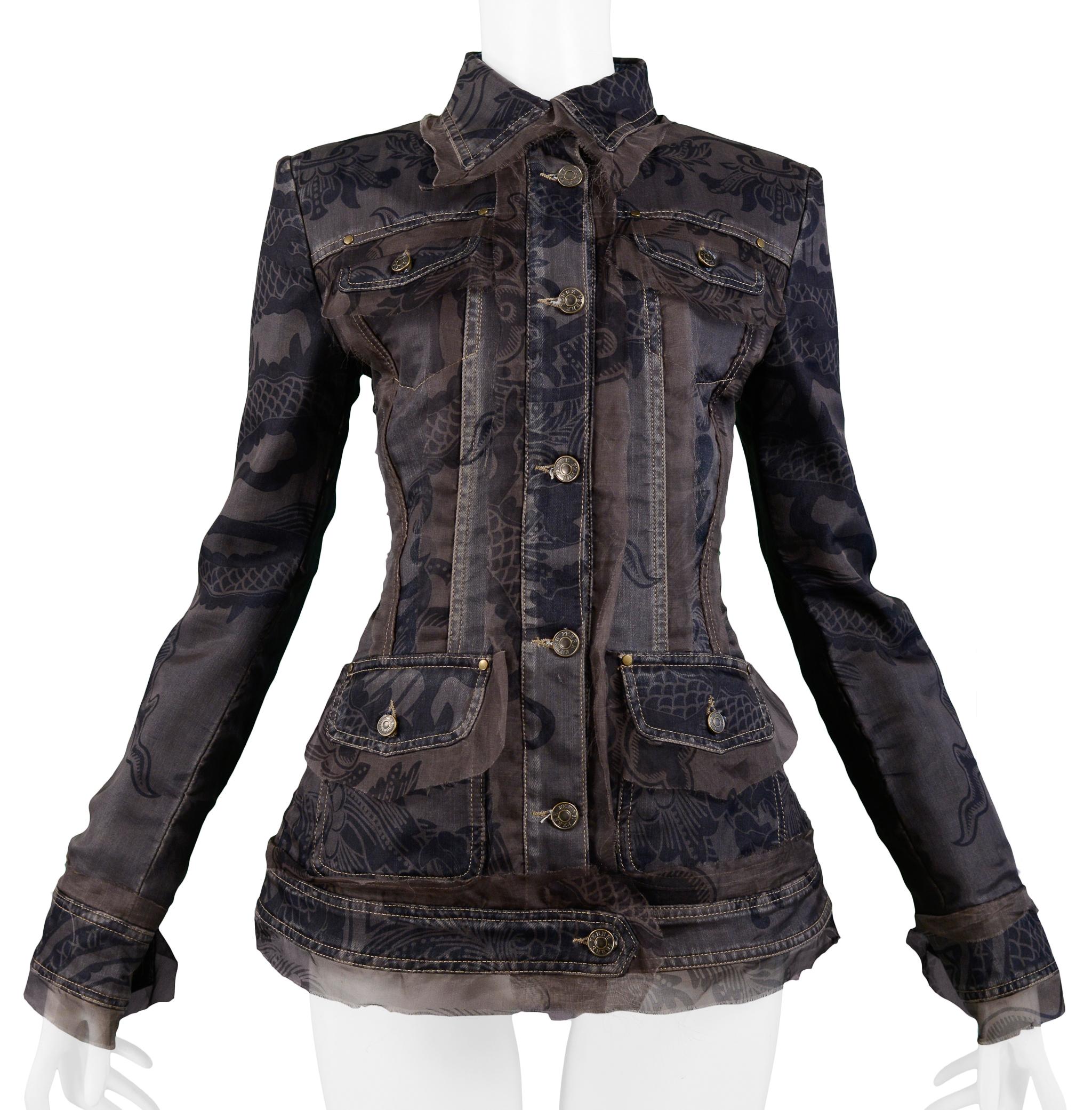 Black Gianfranco Ferre Denim Jacket With Floral Printed Organza Overlay 