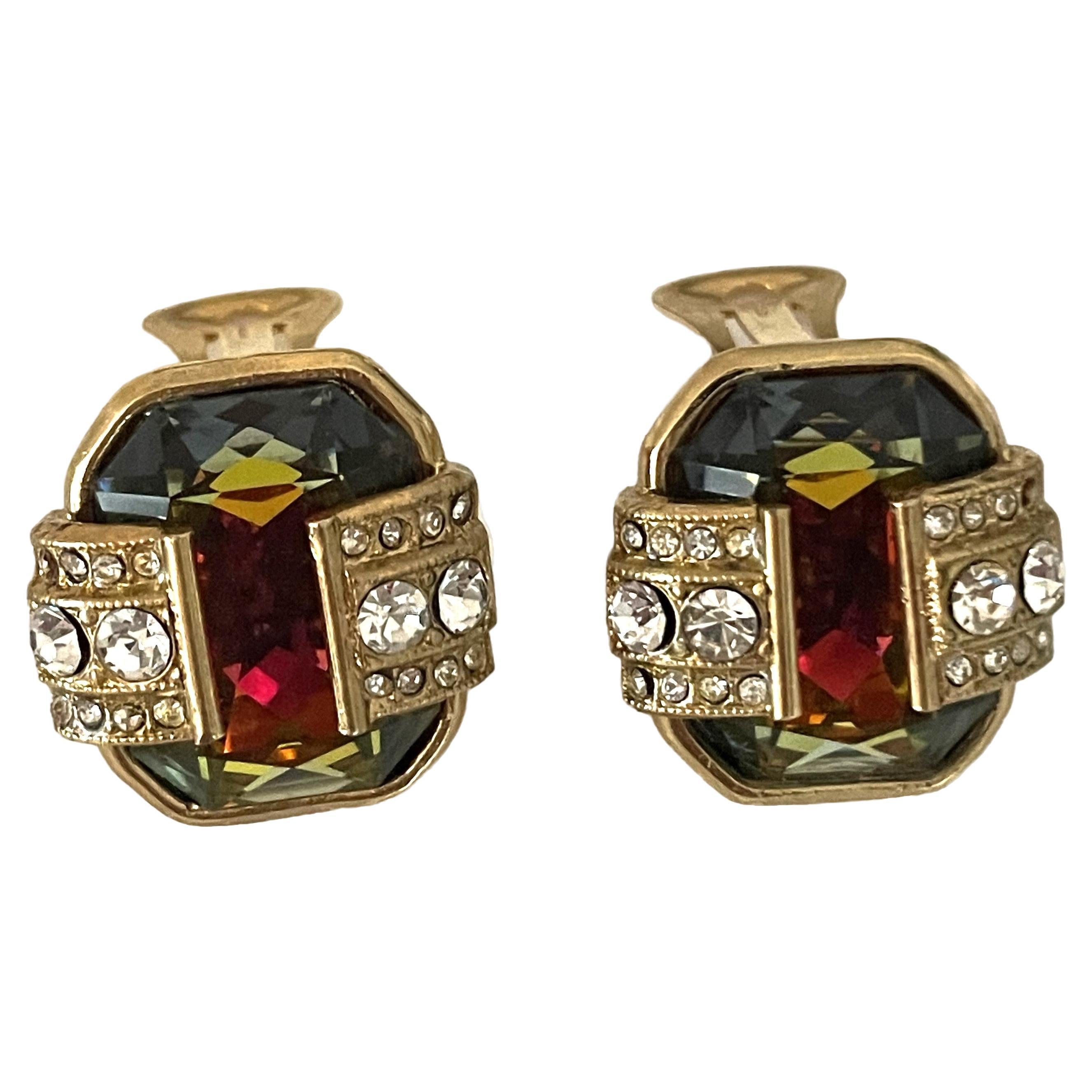 Gianfranco Ferré Earrings Clip On with Multicolored Rhinestones 90s For Sale