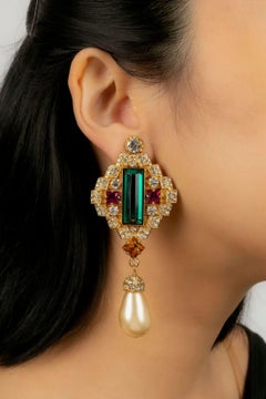 Gianfranco Ferré Earrings with Multicolored Rhinestones & fancy Drop