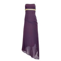 Gianfranco Ferrè Vestito asimmetrico in seta viola melanzana con paillettes dorate