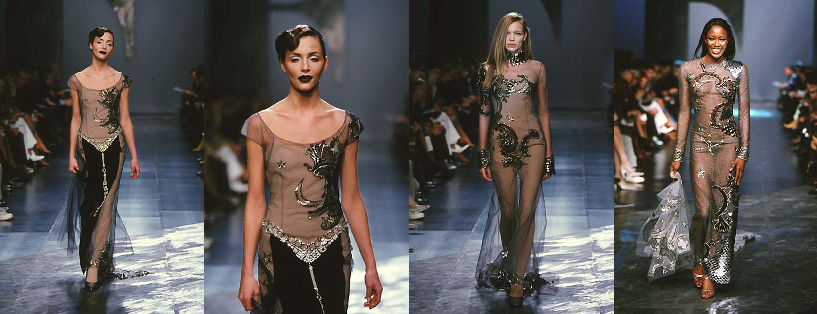 Gianfranco Ferre vestido de noche de tul bordado y terciopelo, fw 1998 Negro en venta
