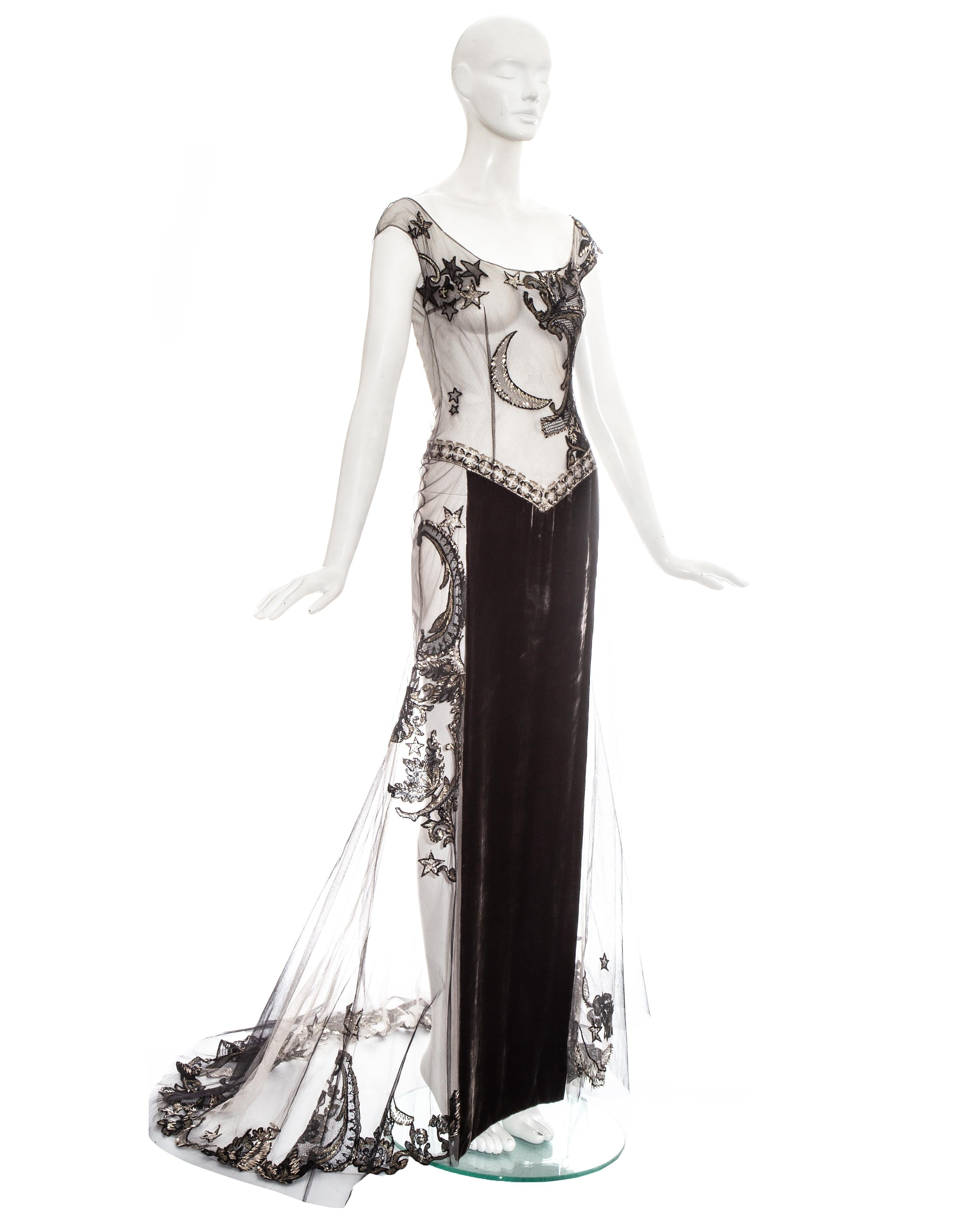 De las mujeres Gianfranco Ferre vestido de noche de tul bordado y terciopelo, fw 1998 en venta