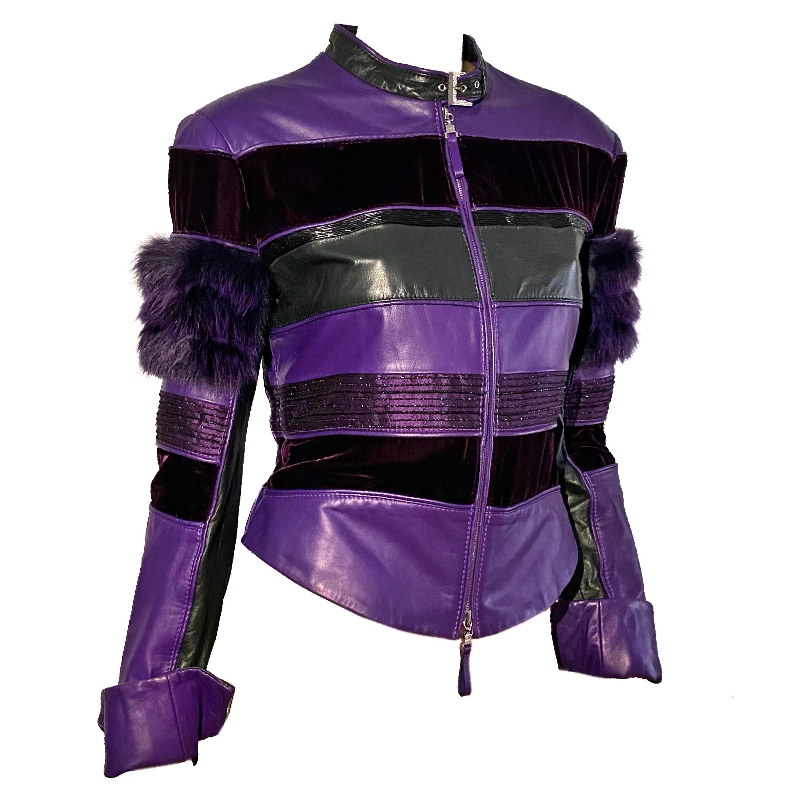 Gianfranco Ferrè F/W 2002 purple fox fur beaded leather jacket
