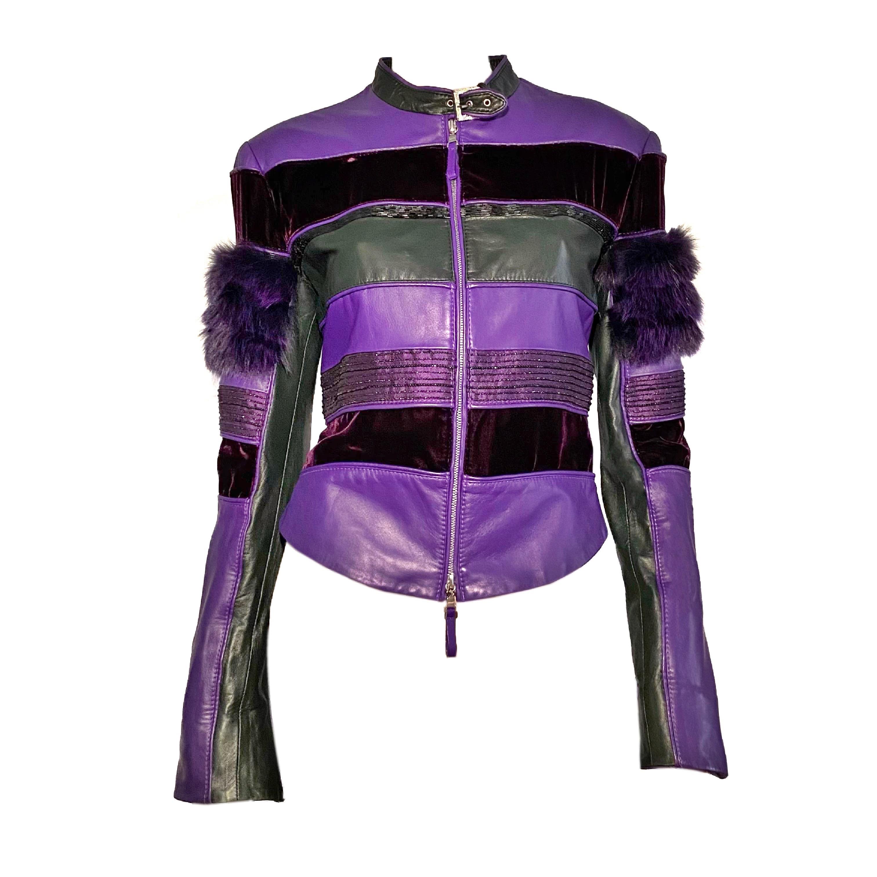 Purple Gianfranco Ferrè F/W 2002 purple fox fur beaded leather jacket For Sale