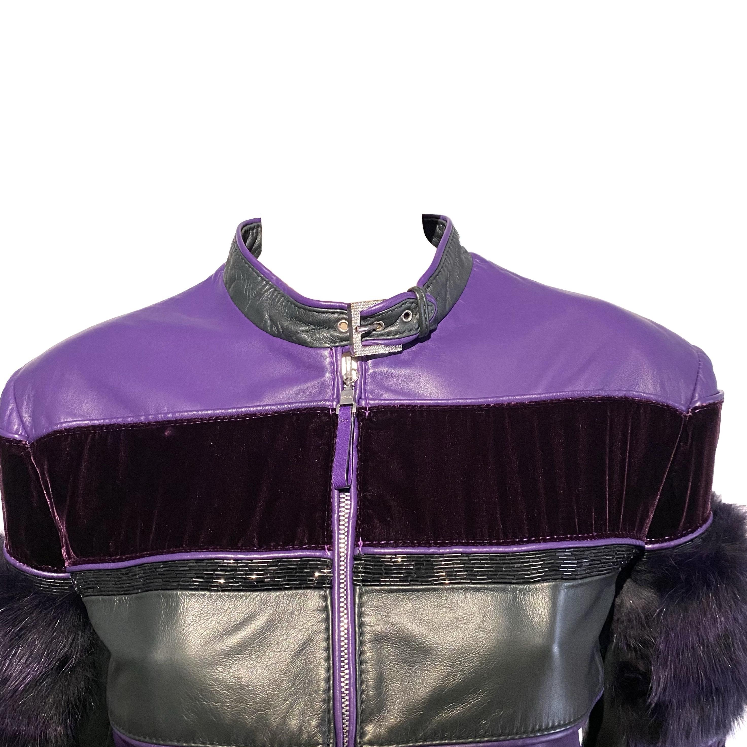 Women's or Men's Gianfranco Ferrè F/W 2002 purple fox fur beaded leather jacket For Sale