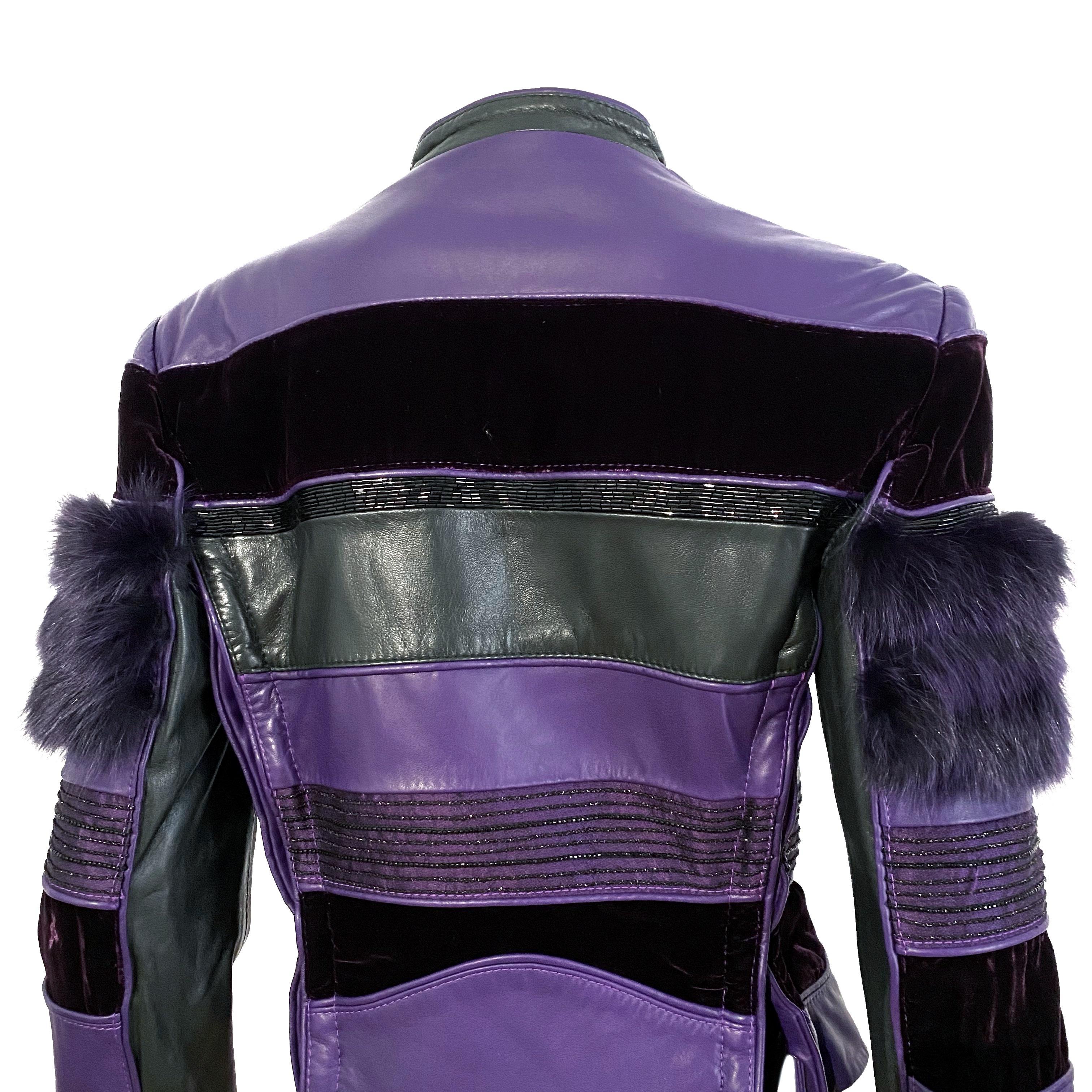 Gianfranco Ferrè F/W 2002 purple fox fur beaded leather jacket For Sale 1