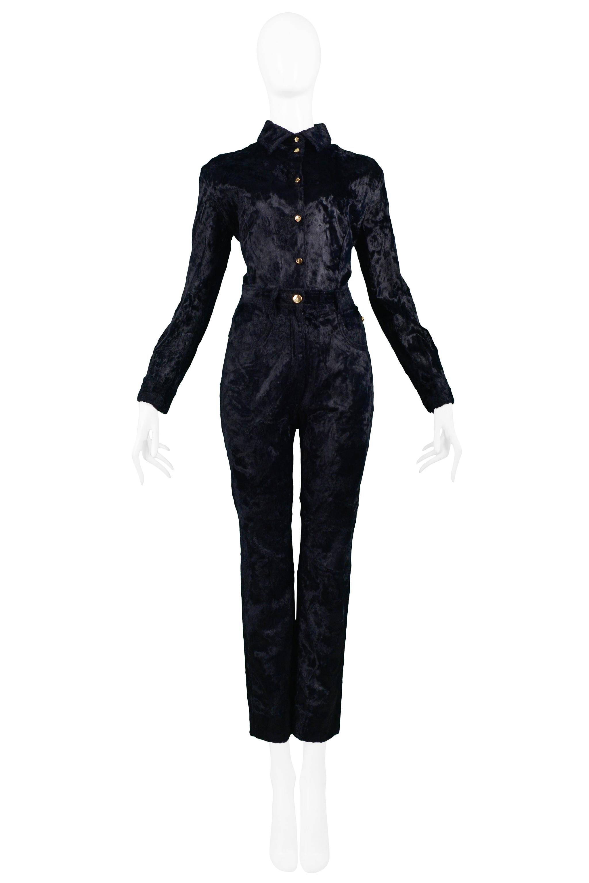 Resurrection Vintage is excited to offer a vintage Gianfranco Ferre black faux fur velvet bodysuit and pant ensemble. The bodysuit top features gold buttons at center front and black double knit panel at back. The pants are high waisted with a