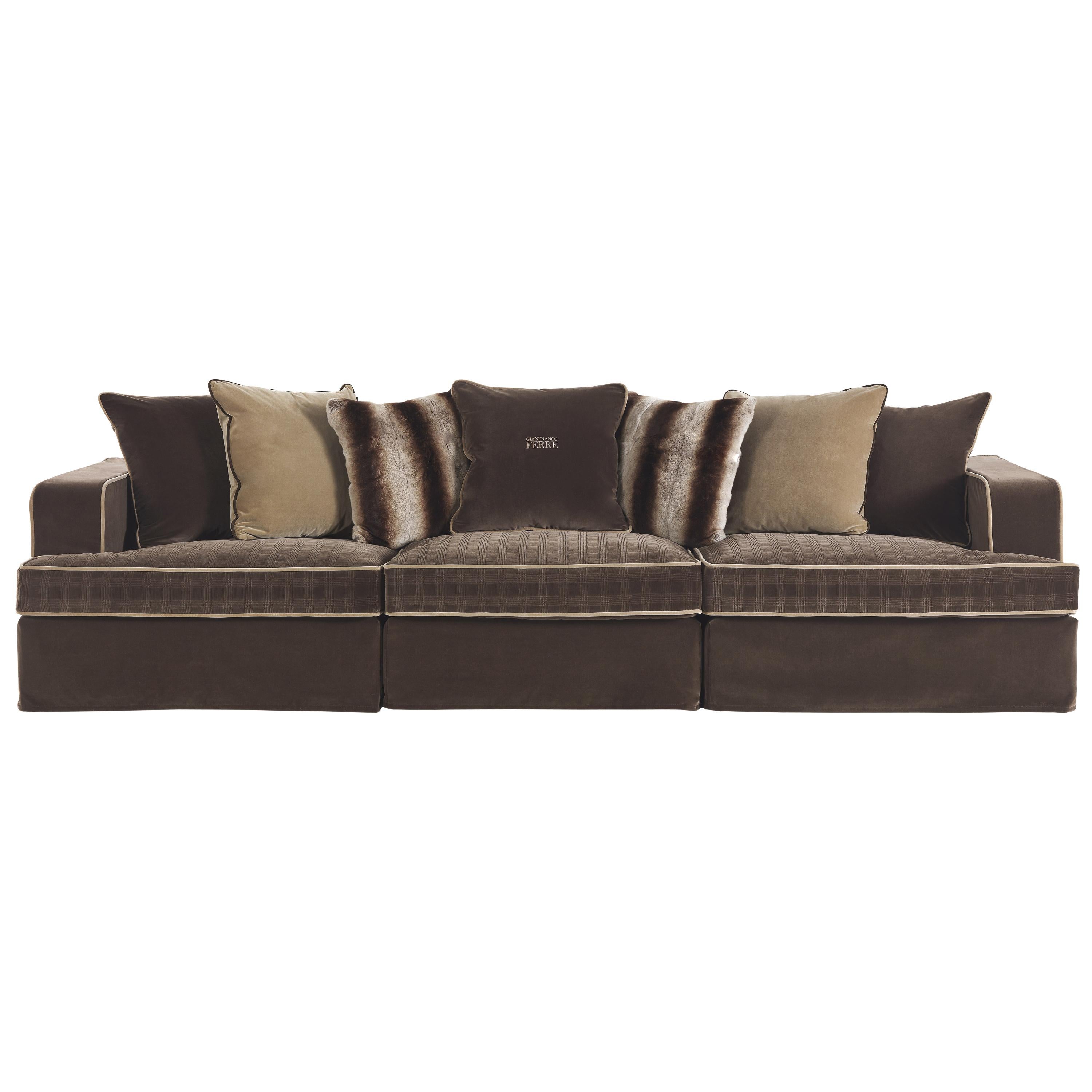Gianfranco Ferré Home Flair Sofa in Embroidered Brown & Cotton fabric
