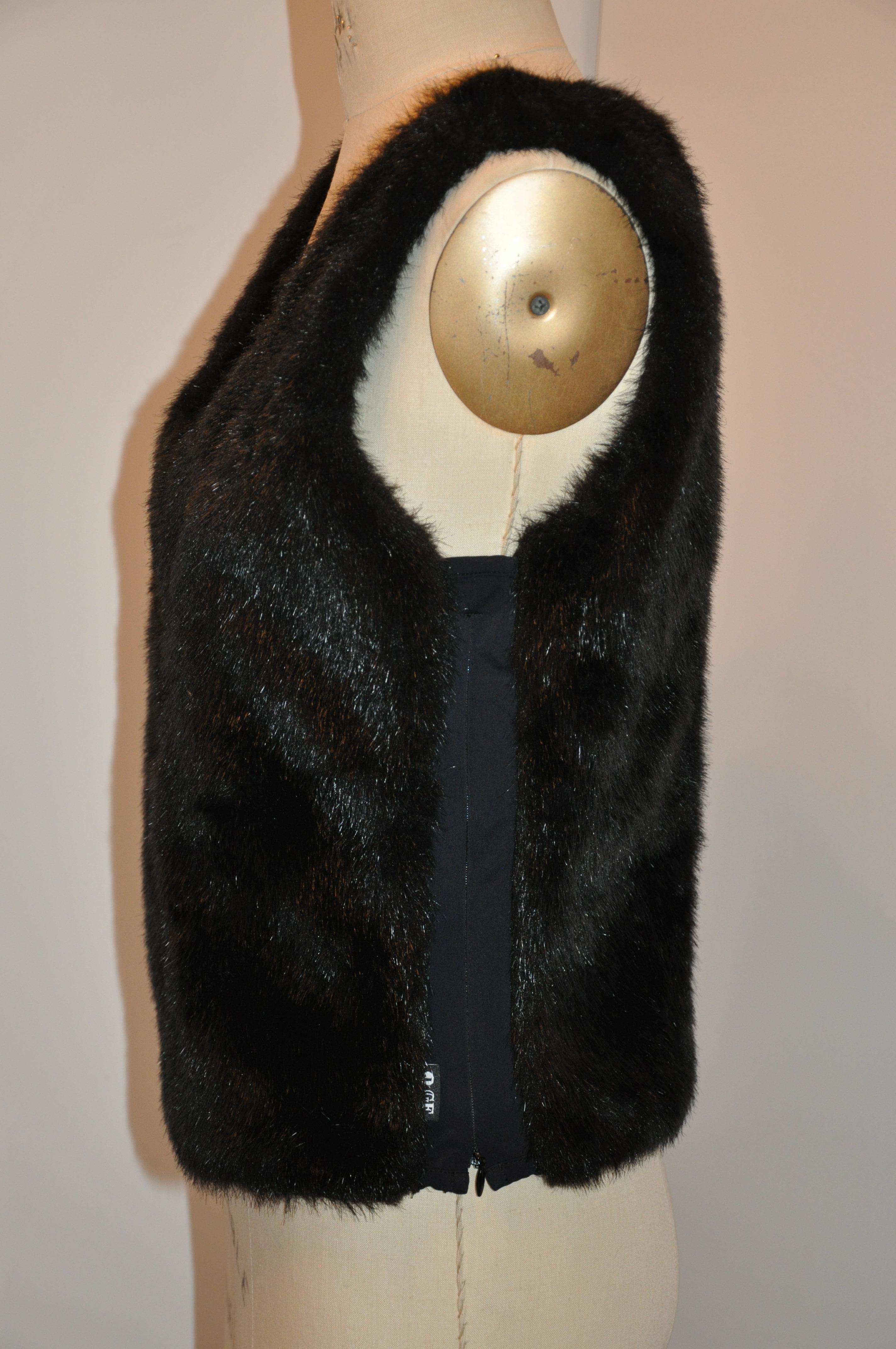 Gianfranco Ferre Fully-Lined Black Faux Fur Pullover With Zippered Spandex Sides In Good Condition For Sale In New York, NY