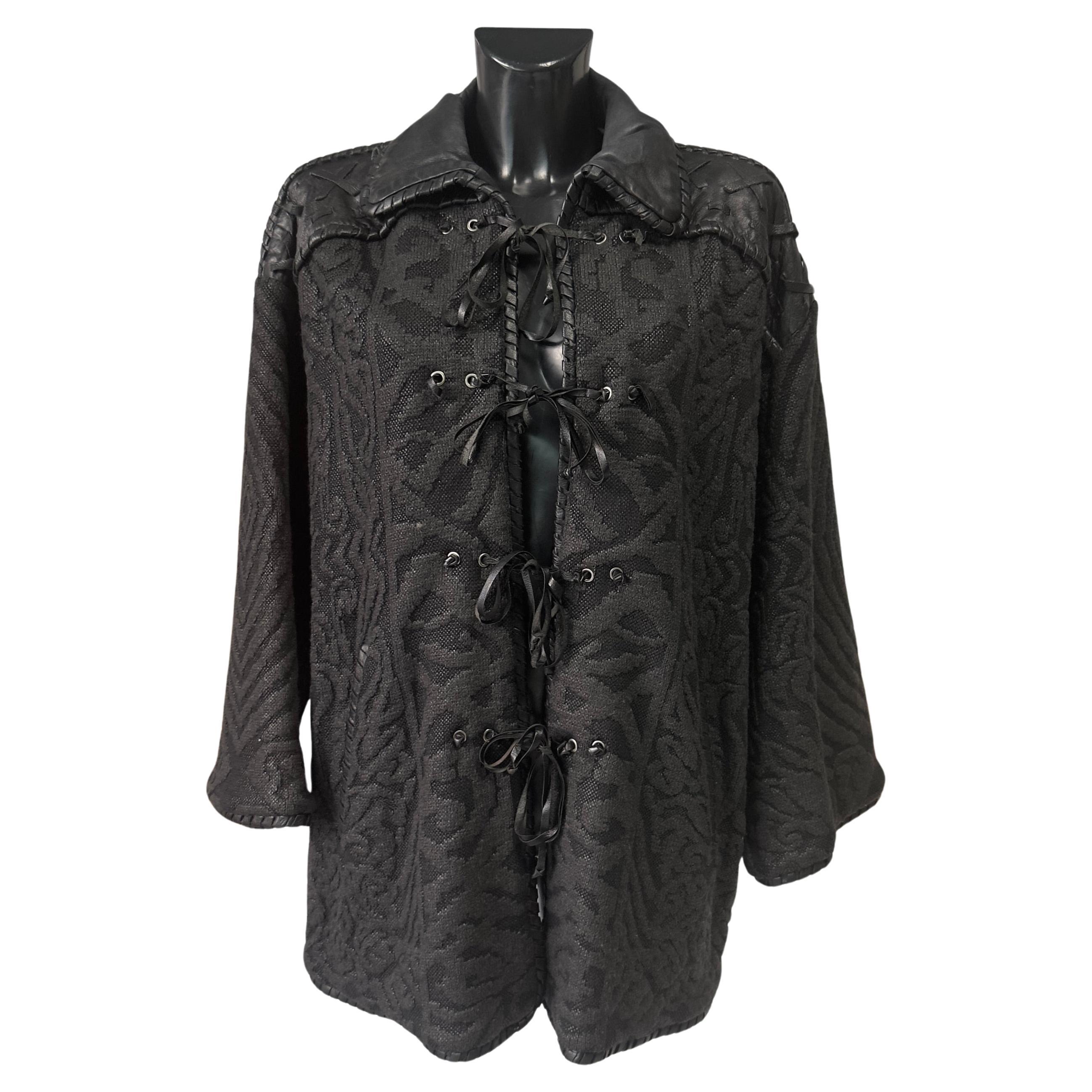 Gianfranco Ferré Vintage Jacket in Black Jacquard Fabric with Leather Inserts For Sale