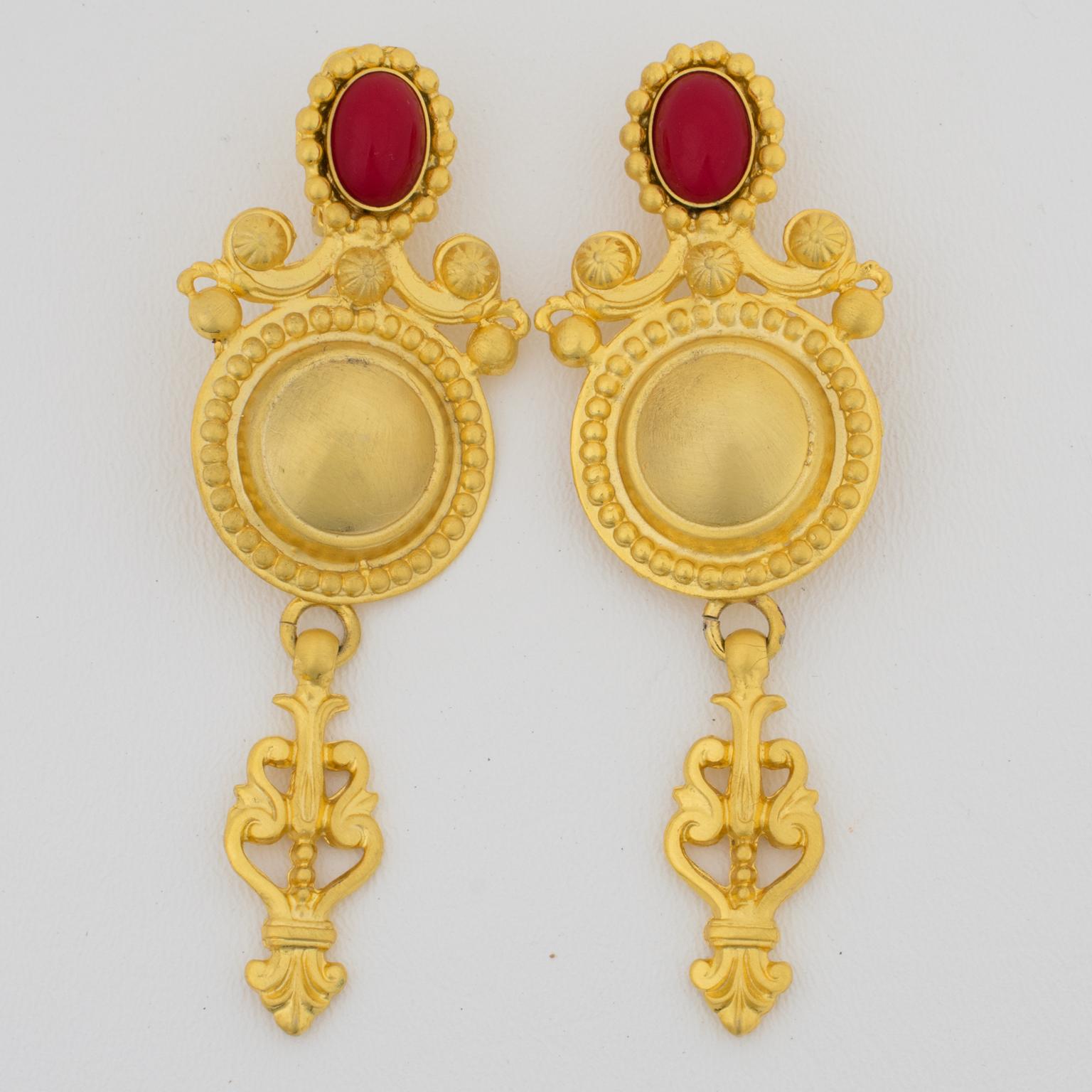Baroque Revival Gianfranco Ferre Gilt Metal and Cabochons Baroque Earrings For Sale