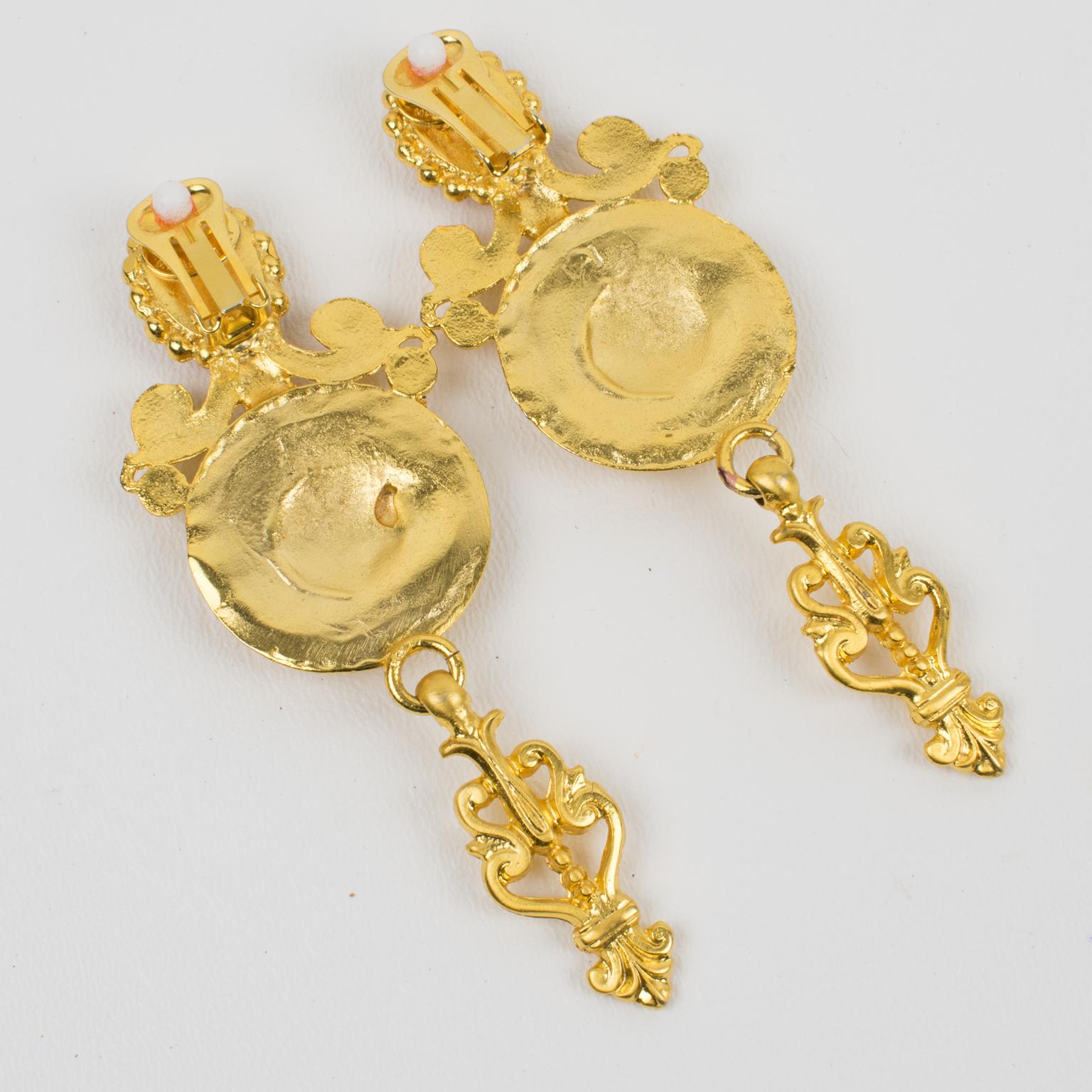 Gianfranco Ferre Gilt Metal and Cabochons Baroque Earrings In Excellent Condition For Sale In Atlanta, GA