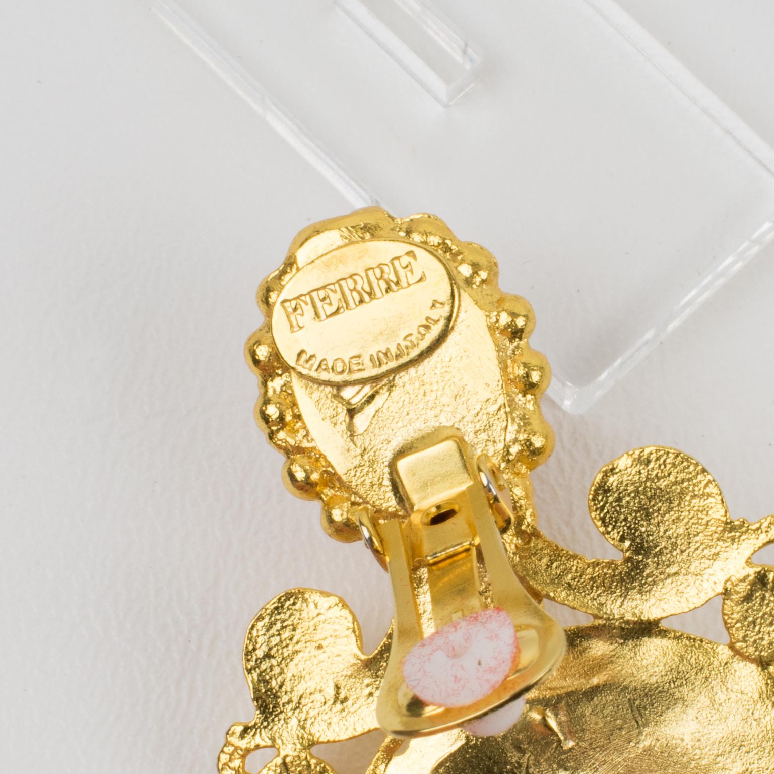 Women's or Men's Gianfranco Ferre Gilt Metal and Cabochons Baroque Earrings For Sale