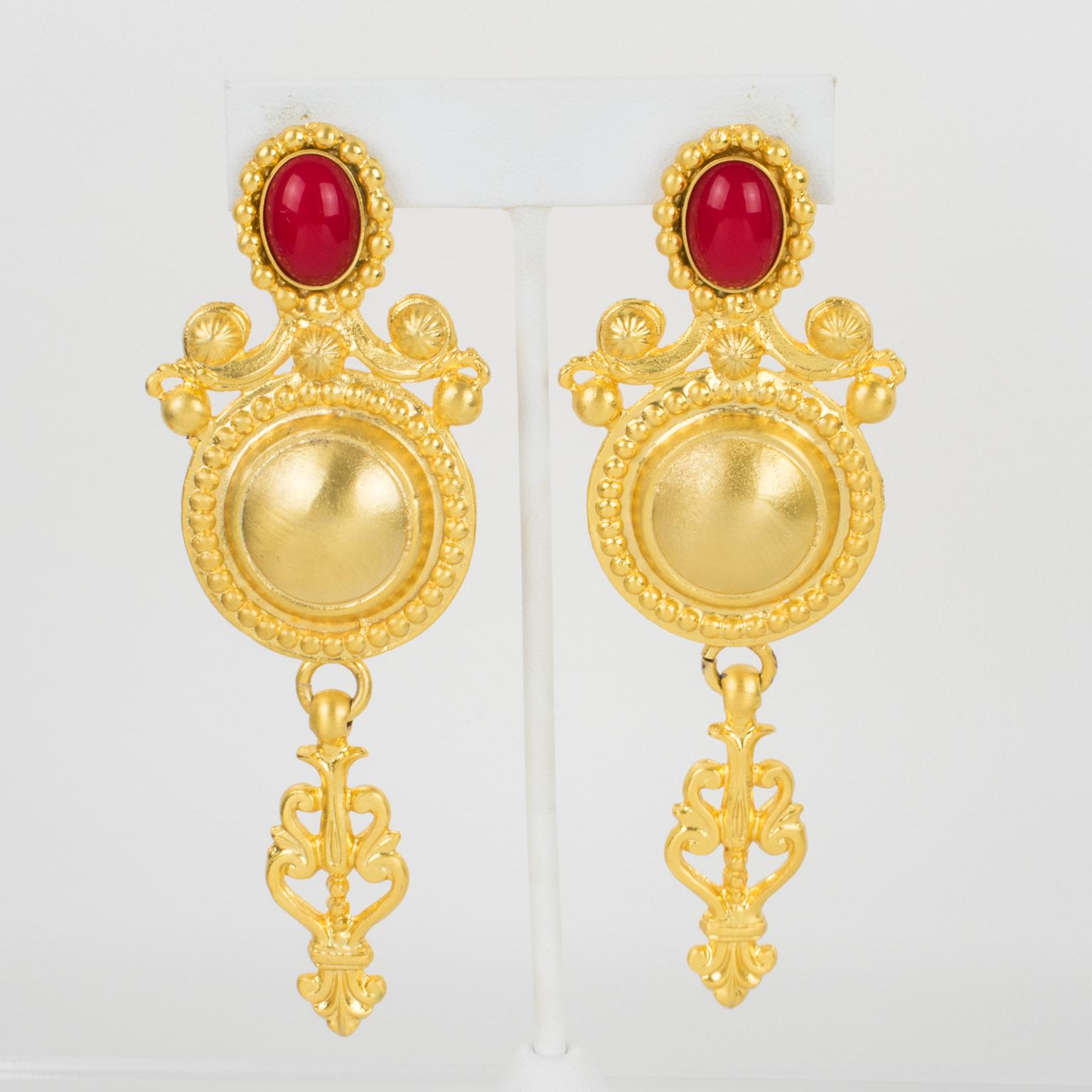 Gianfranco Ferre Gilt Metal and Cabochons Baroque Earrings For Sale 2