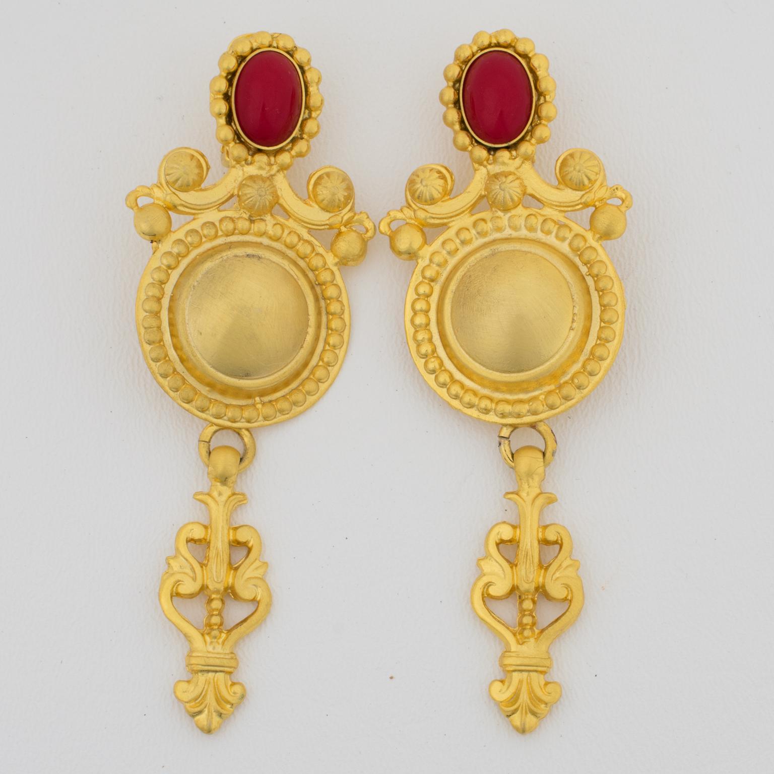 Baroque Revival Gianfranco Ferre Gilt Metal Baroque Clip Earrings with Red Cabochon For Sale