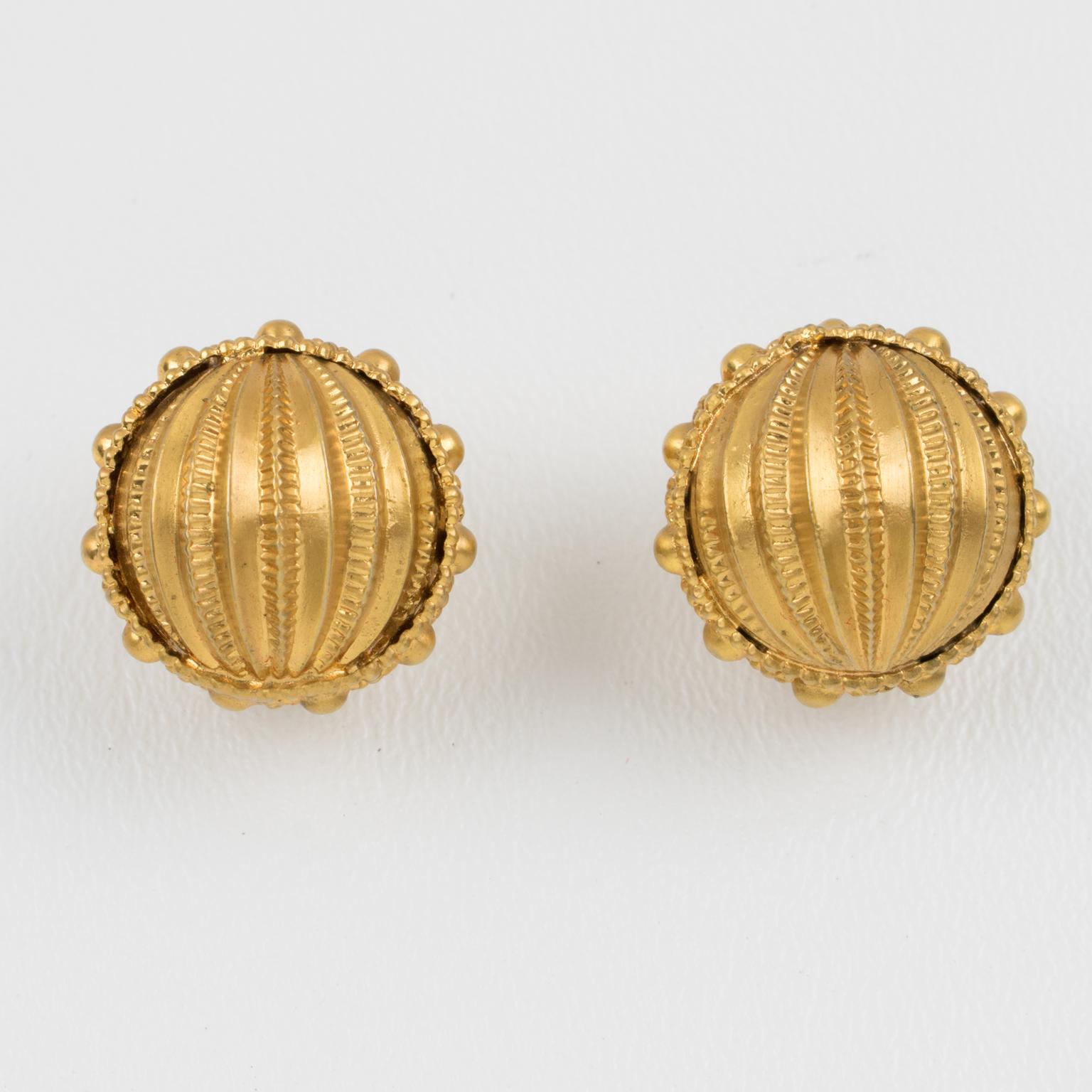 Baroque Revival Gianfranco Ferre Gilt Metal Button Clip Earrings