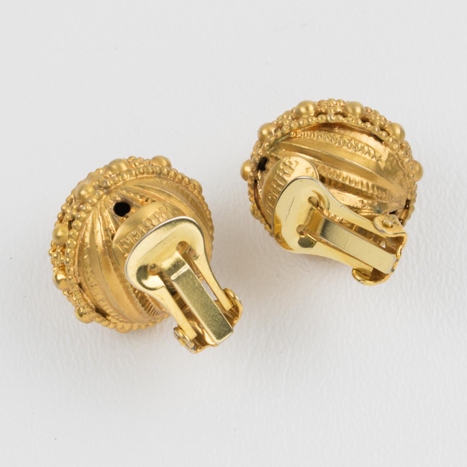 Gianfranco Ferre Gilt Metal Button Clip Earrings In Excellent Condition In Atlanta, GA