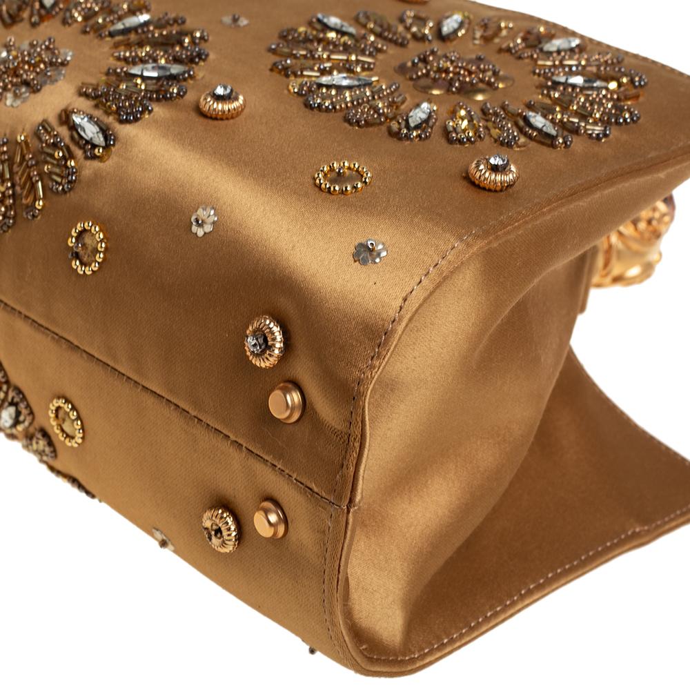 Gianfranco Ferre Gold Satin Crystal Embroidered Top Handle Bag In Good Condition In Dubai, Al Qouz 2