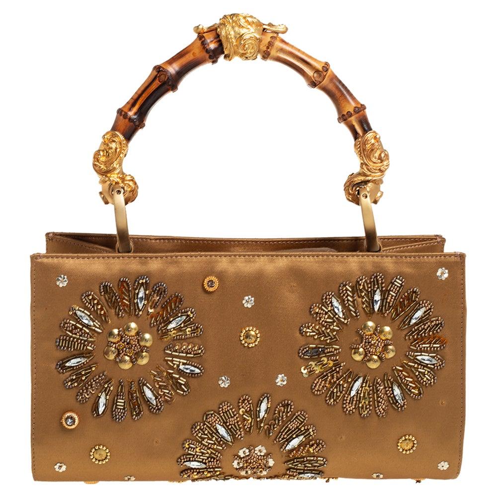 Gianfranco Ferre Gold Satin Crystal Embroidered Top Handle Bag