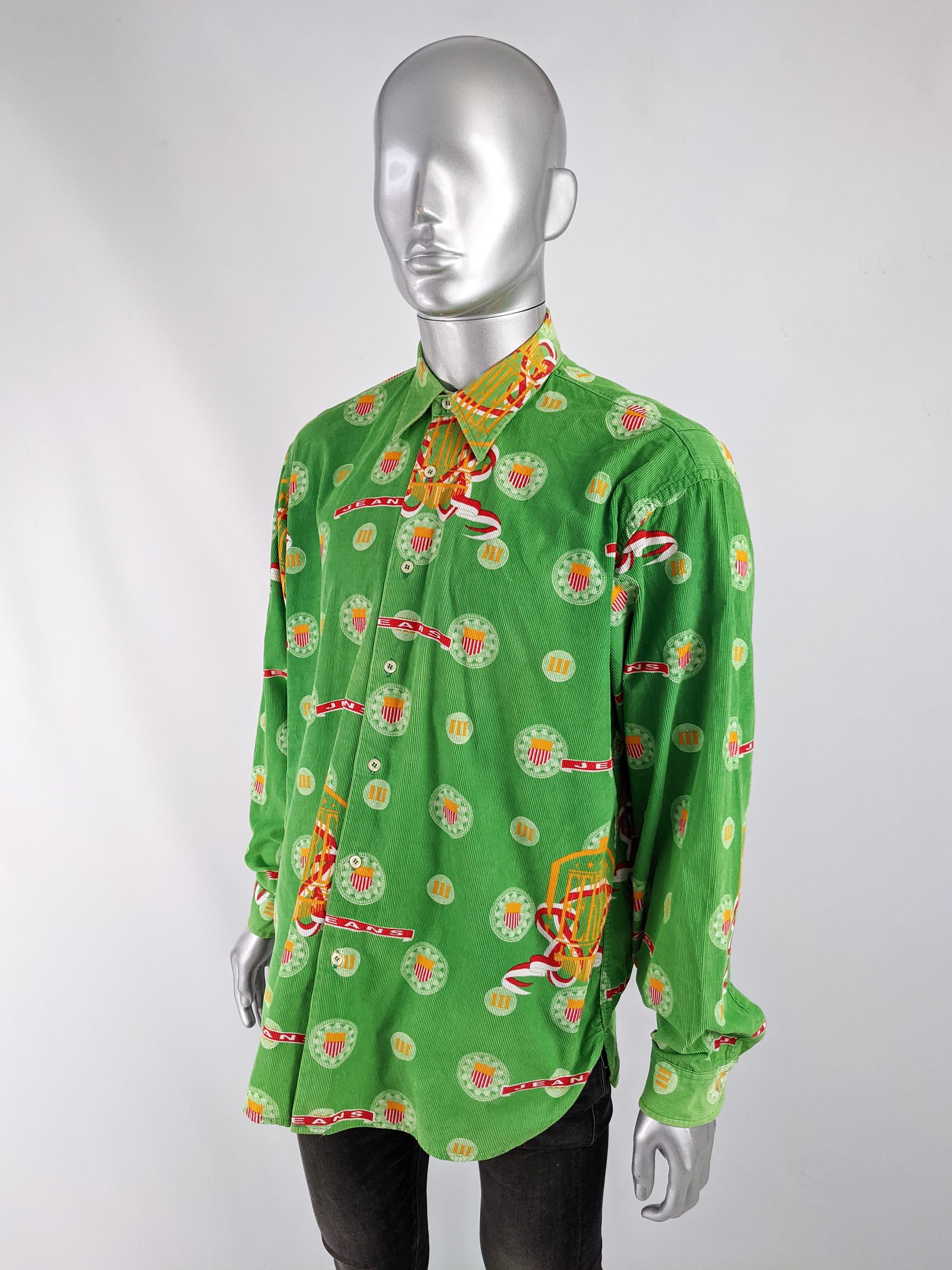 Gianfranco Ferre Green Needlecord Mens Vintage Long Sleeve Shirt In Excellent Condition For Sale In Doncaster, South Yorkshire