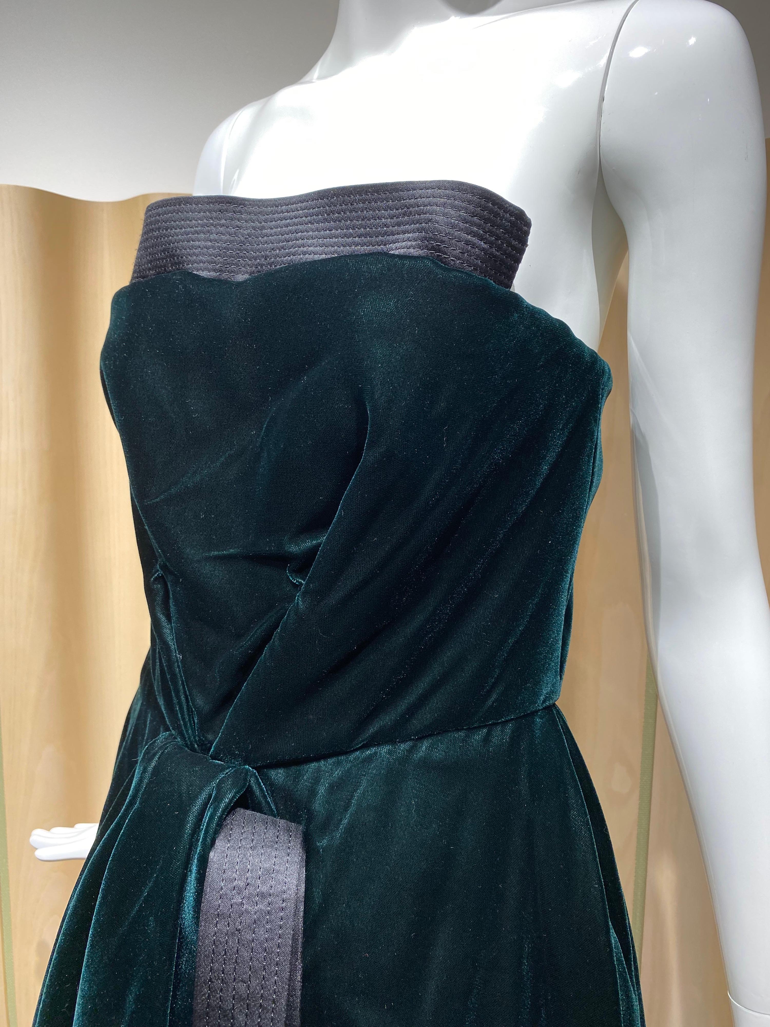 strapless green velvet dress