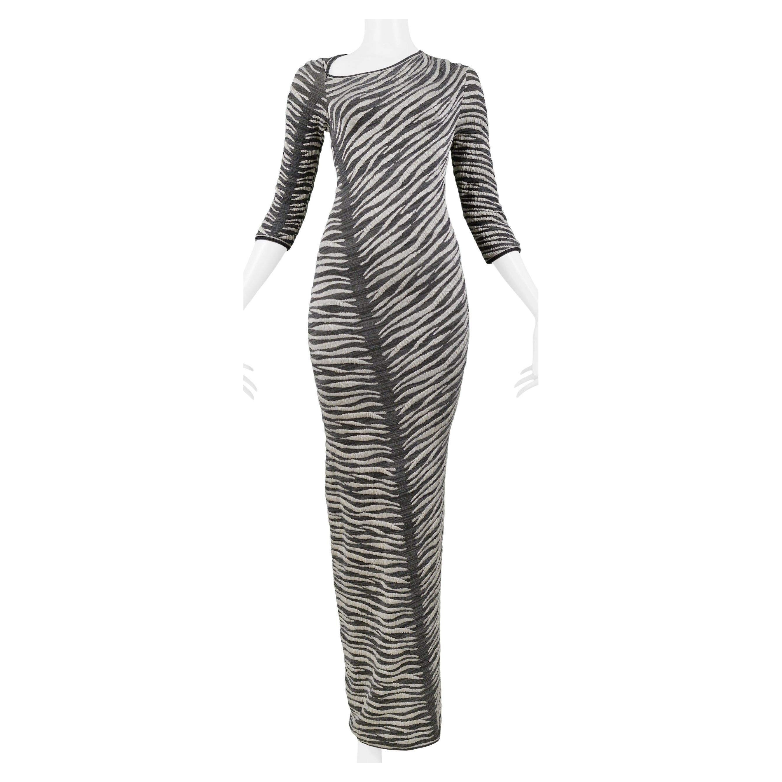 Gianfranco Ferre Grey & White Zebra Stripe Maxi Runway Dress 1999