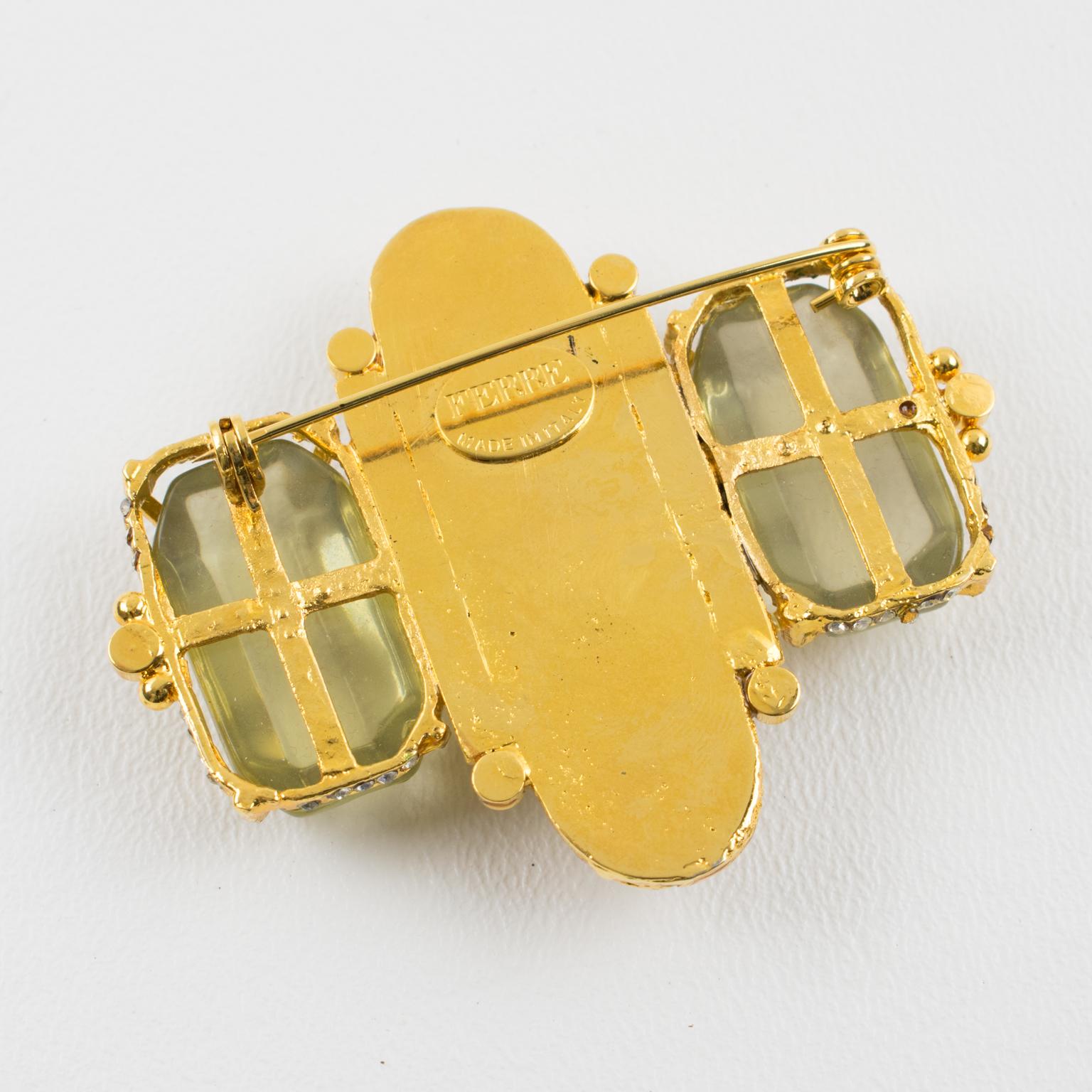 Women's or Men's Gianfranco Ferre Jeweled Gilded Brooch with Resin Cabochons For Sale