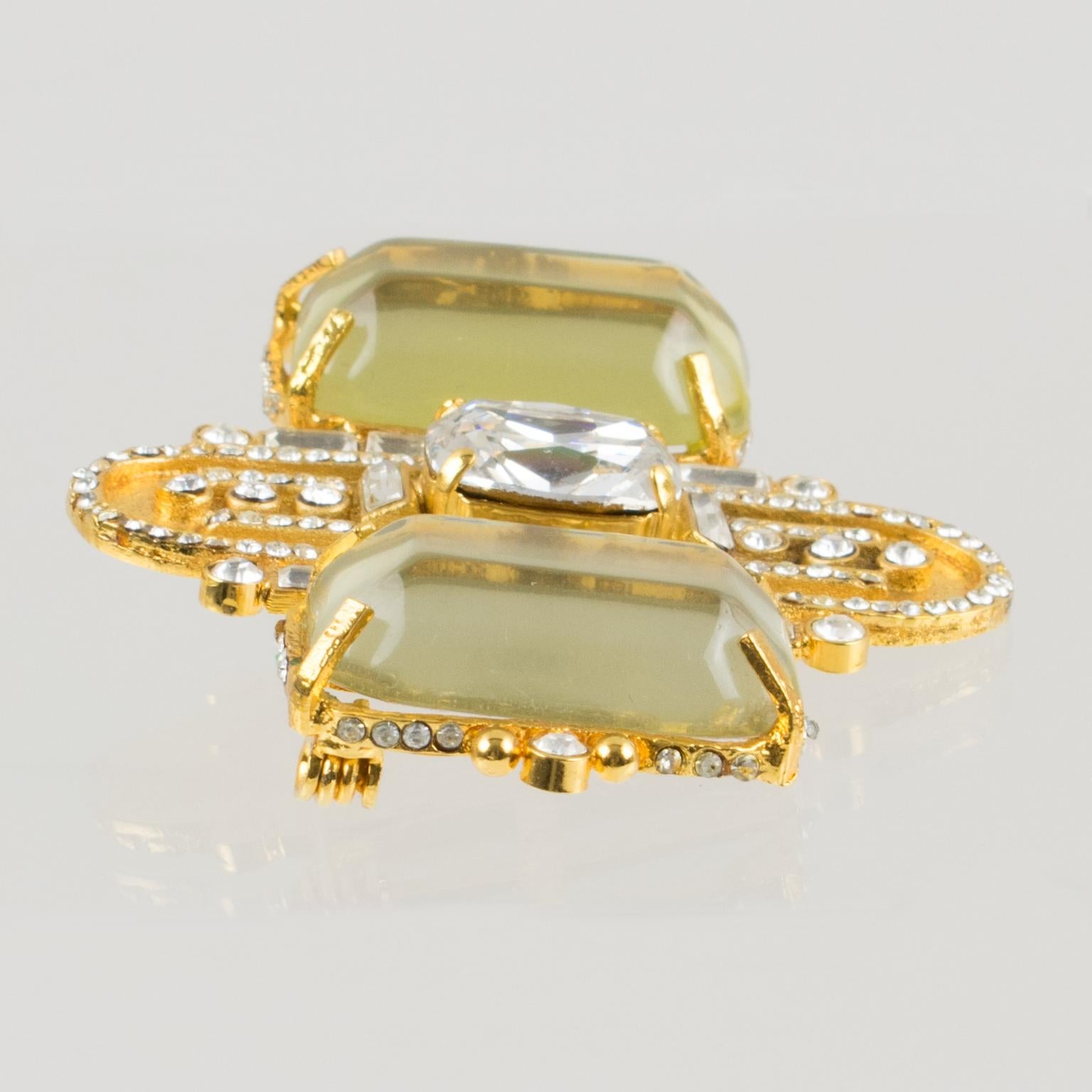 Gianfranco Ferre Jeweled Gilded Brooch with Resin Cabochons For Sale 2