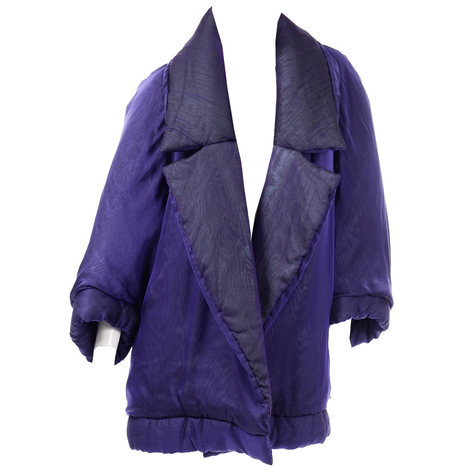 Vintage Gianfranco Ferre Puffer Style Jacket  Purple Silk Coat w Dolman Sleeves For Sale 4