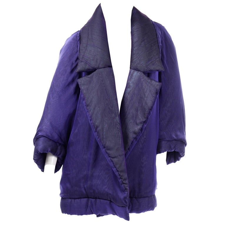 Vintage Gianfranco Ferre Puffer Style Jacket  Purple Silk Coat w Dolman Sleeves For Sale 7
