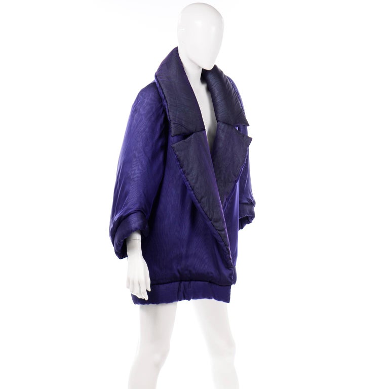 Vintage Gianfranco Ferre Puffer Style Jacket  Purple Silk Coat w Dolman Sleeves For Sale 1