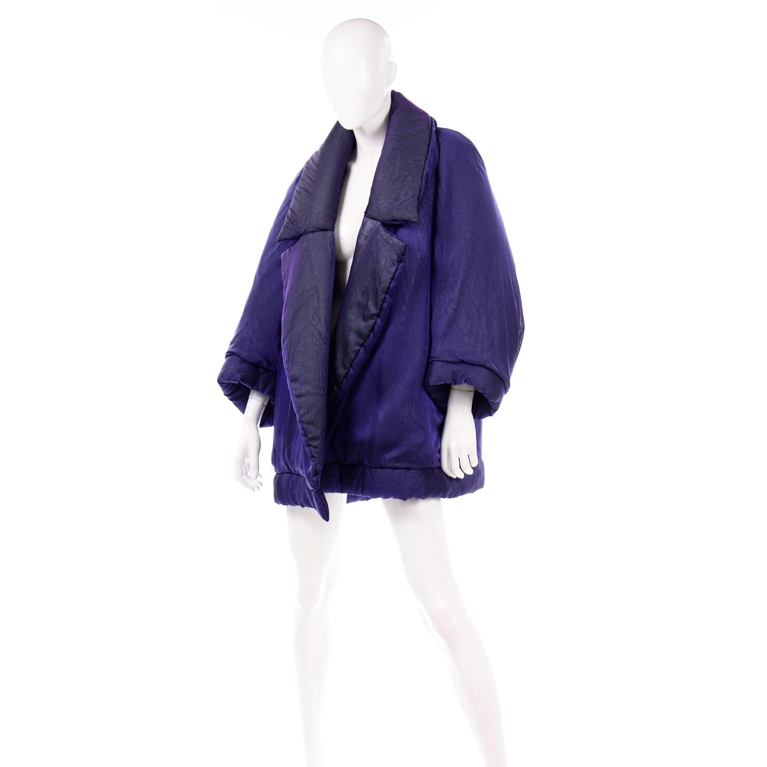 Vintage Gianfranco Ferre Puffer Style Jacket  Purple Silk Coat w Dolman Sleeves For Sale 3