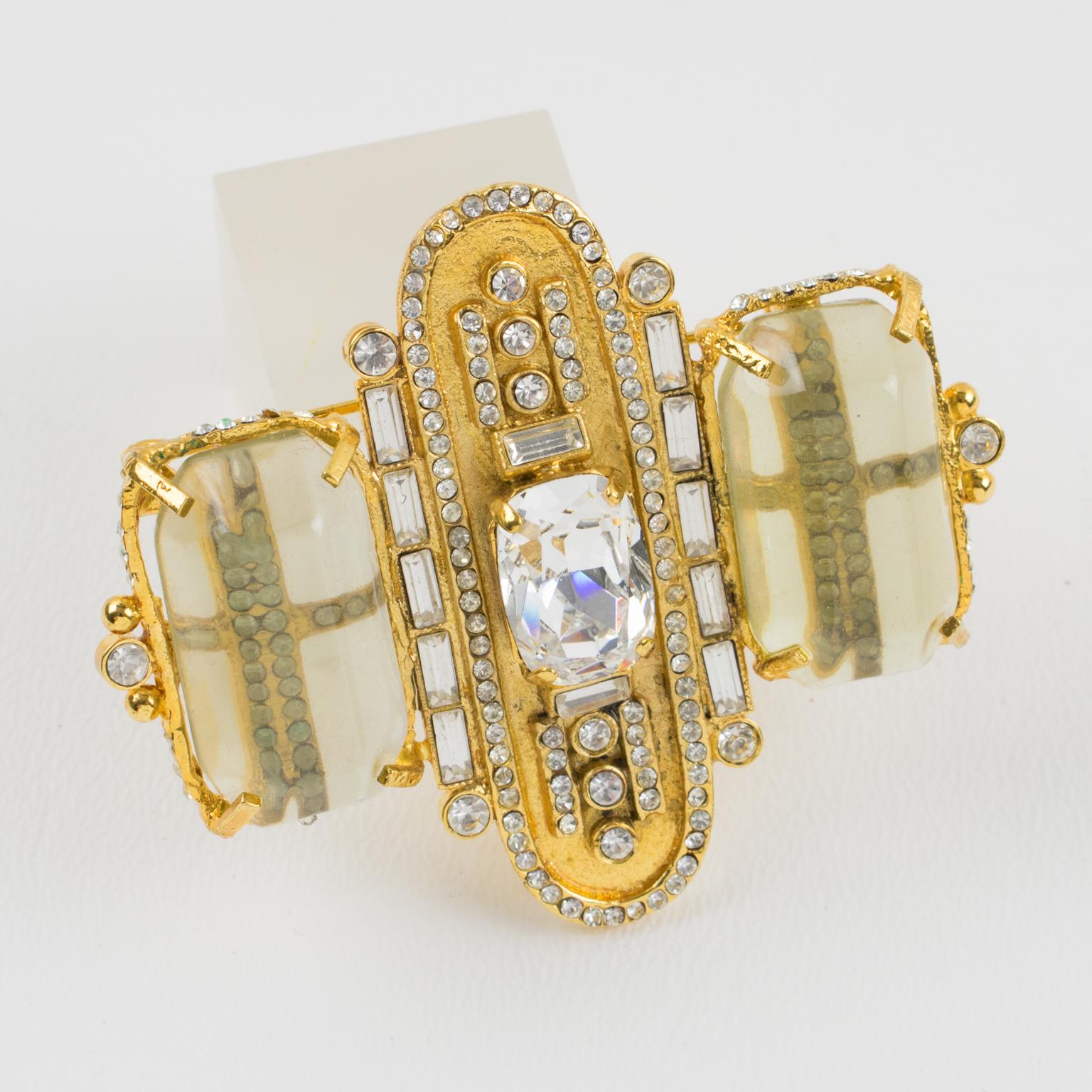 Gianfranco Ferre Jeweled Gilded Brooch with Resin Cabochons In Excellent Condition For Sale In Atlanta, GA