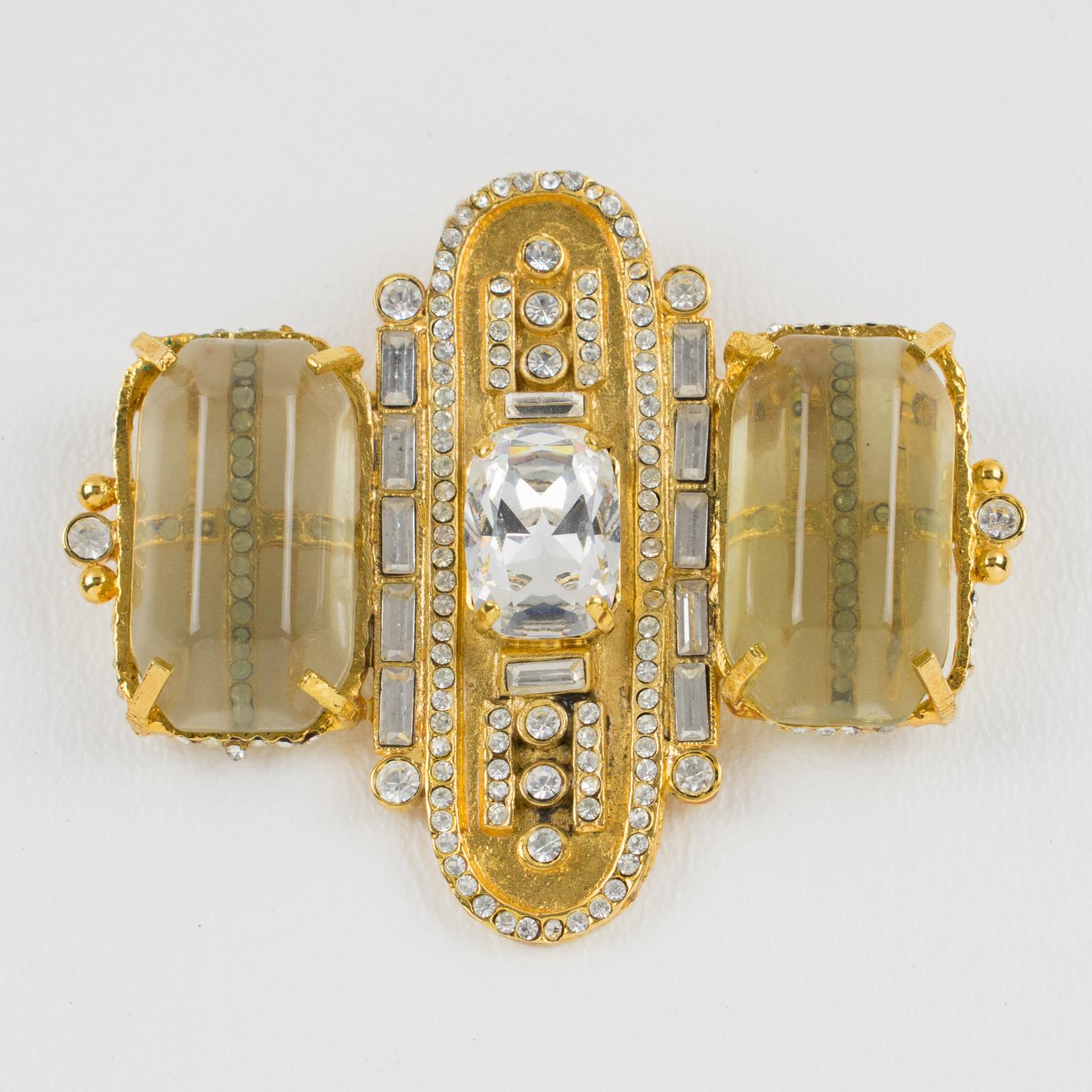 Gianfranco Ferre Jeweled Gilded Brooch with Resin Cabochons For Sale 3